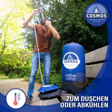 Cosmos Premium Products Gartendusche Cosmos Campingdusche - Tragbare Aussendusche mit Fuß-Wasserpumpe, Wasserbehälter aus 500D-PVC-Gewebe,2 Meter Schlauch inkl. Duschbrause