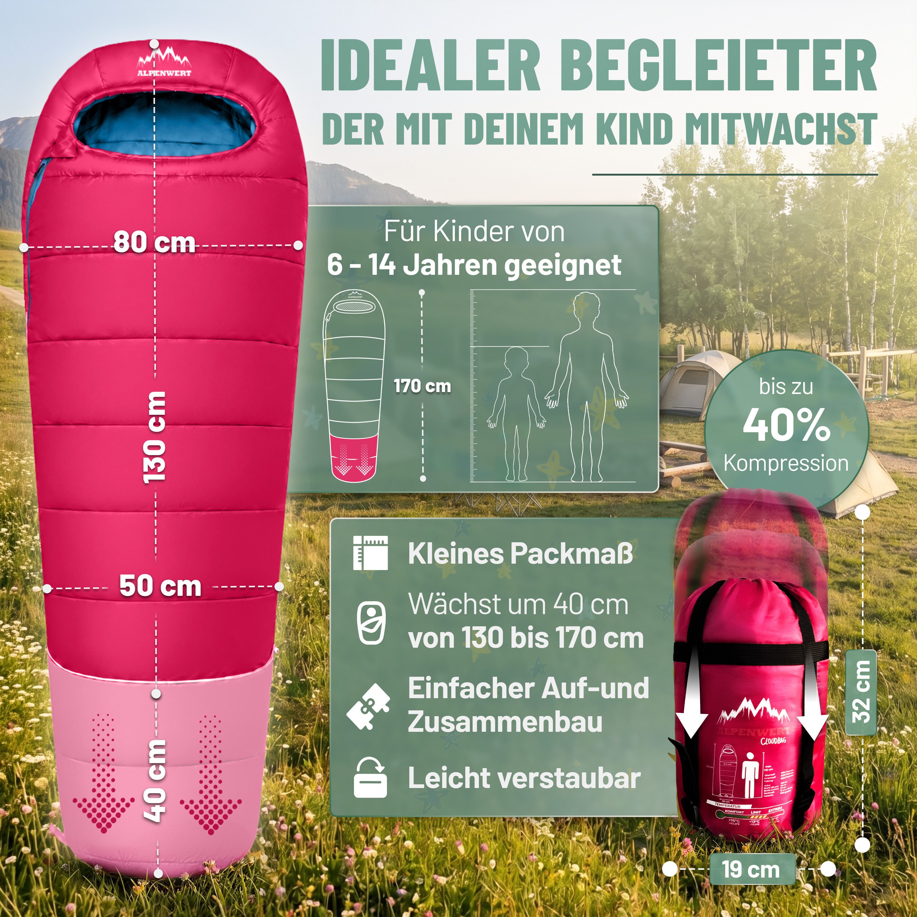 Alpenwert Kinderschlafsack Ultraleicht 130-170cm – Outdoor, wasserabweisend & kompakt, mitwachsend