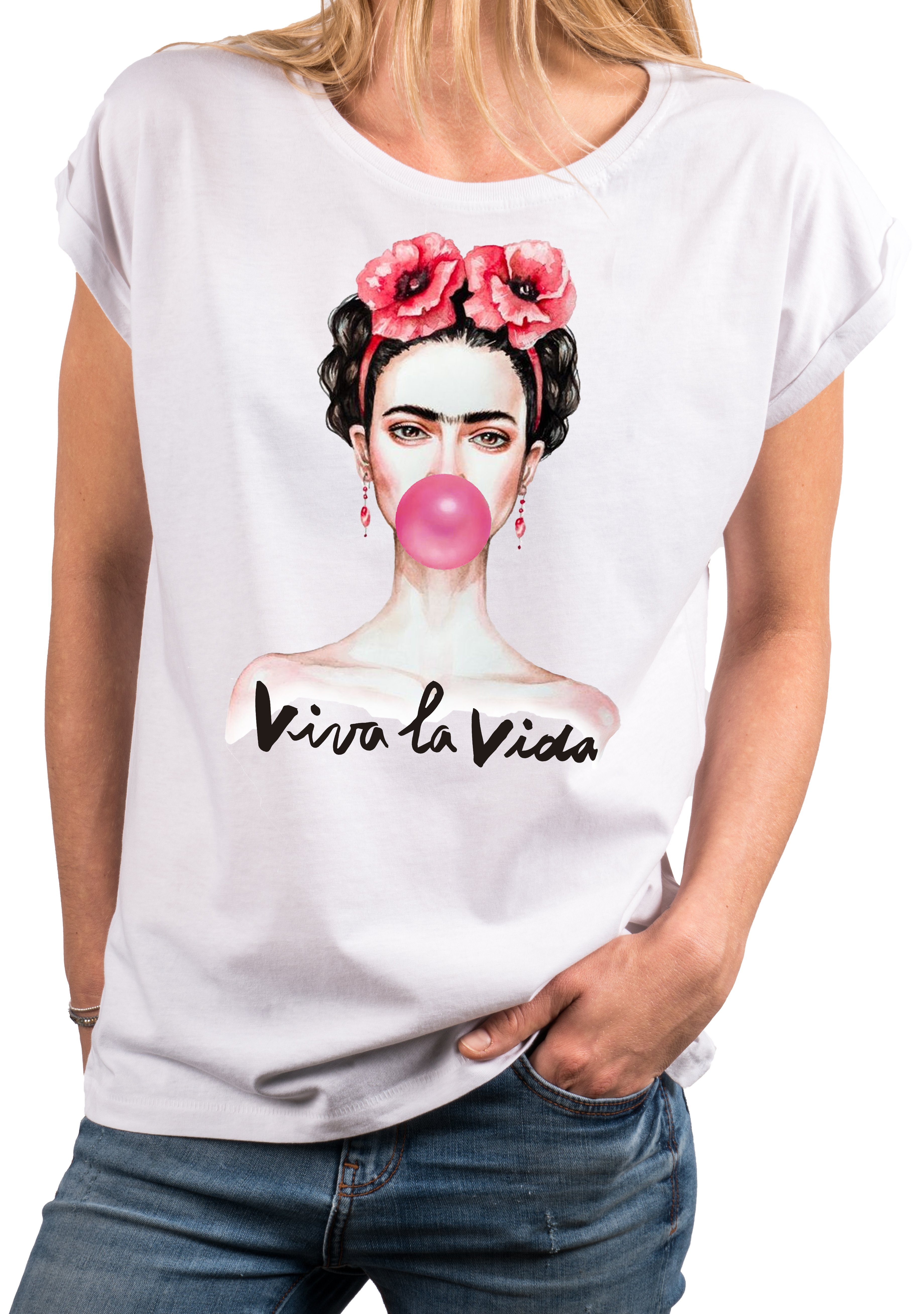 Top Fridas aus große MAKAYA Druck, Größen Oberteile Sommer Print-Shirt Bekleidung Fashion Damen mit Modische Frauen Weiß Baumwolle,
