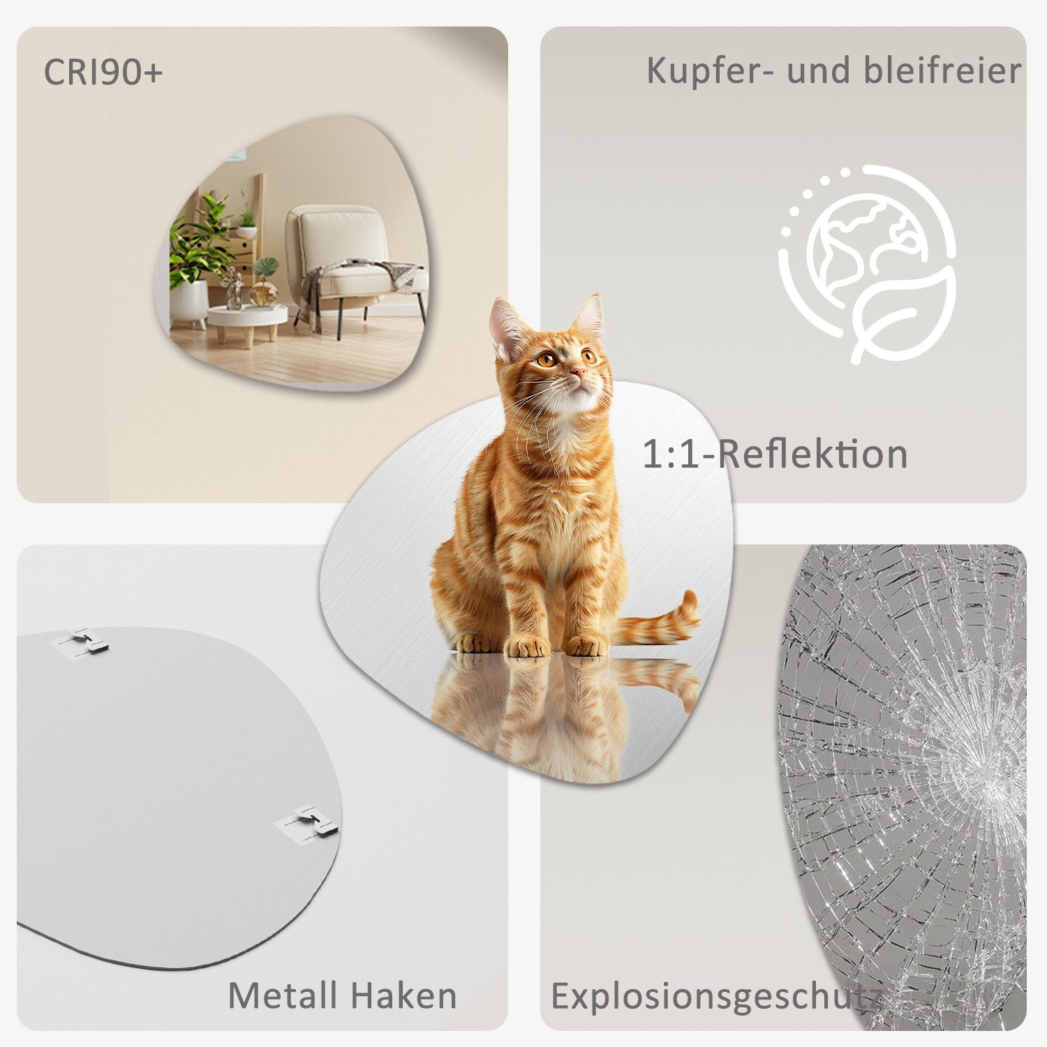 Hopibath Dekospiegel Wandspiegel Asymmetrisch Spiegel Schminkspiegel Wand (Flurspiegel Badspiegel Türspiegel, 1-St., Stein 60x60cm, 80x80cm), mit Metall Haken