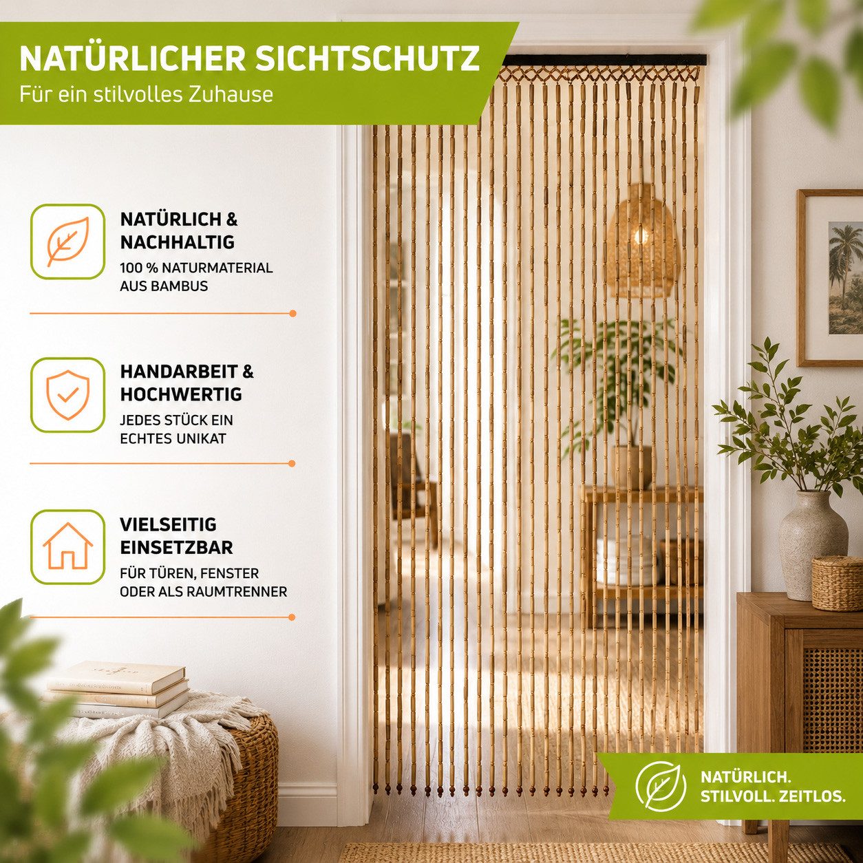 Kobolo Türvorhang Bambusvorhang BAMBOO -Braun Natur - 90x200 cm (1 St), Ösen, transparent – Bild 5 von 5