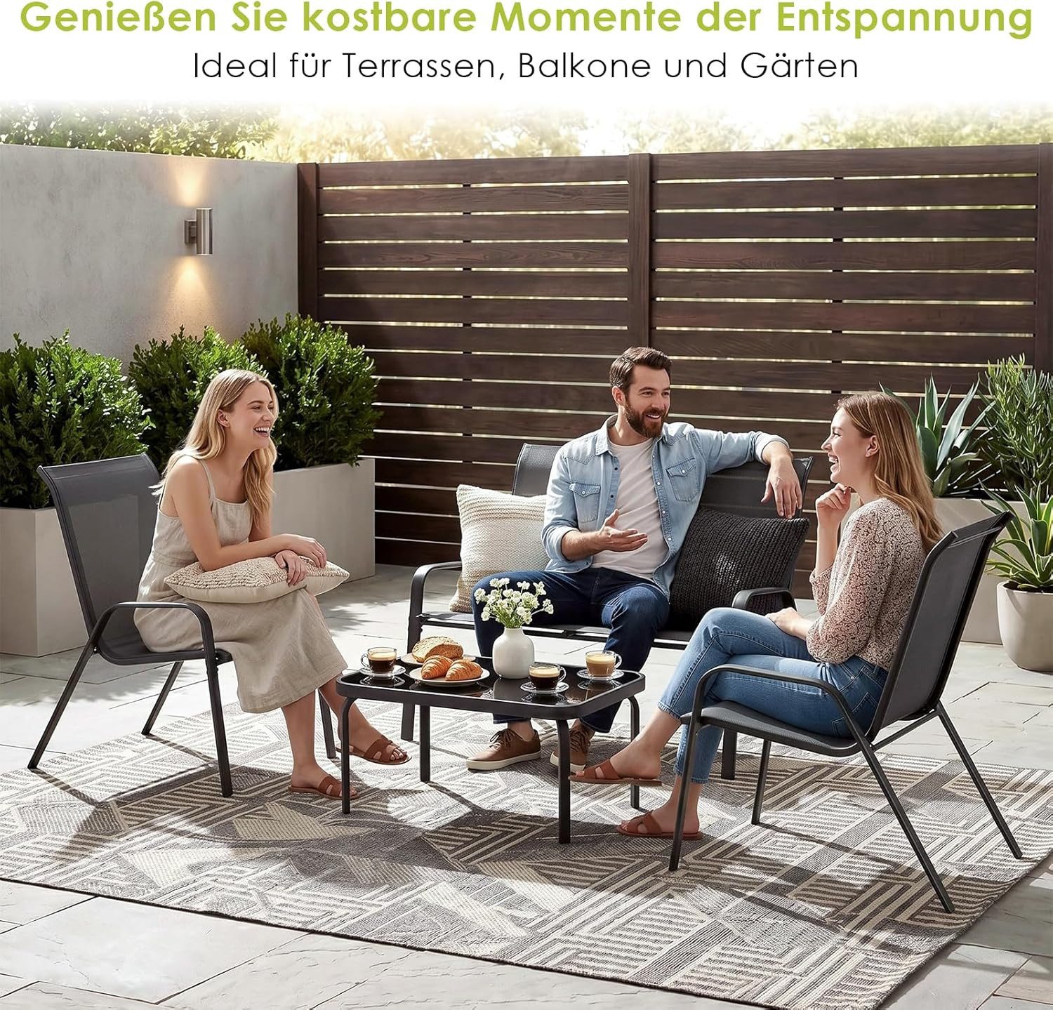 TLGREEN Gartenlounge-Set 4-teiliges Gartenmöbel Set, (Wetterfeste Sitzgruppe mit 1 Gartenbank, 2 Stühlen & 1 Glastisch, Textilene Outdoor Lounge), Modern Balkon – Bild 2 von 5
