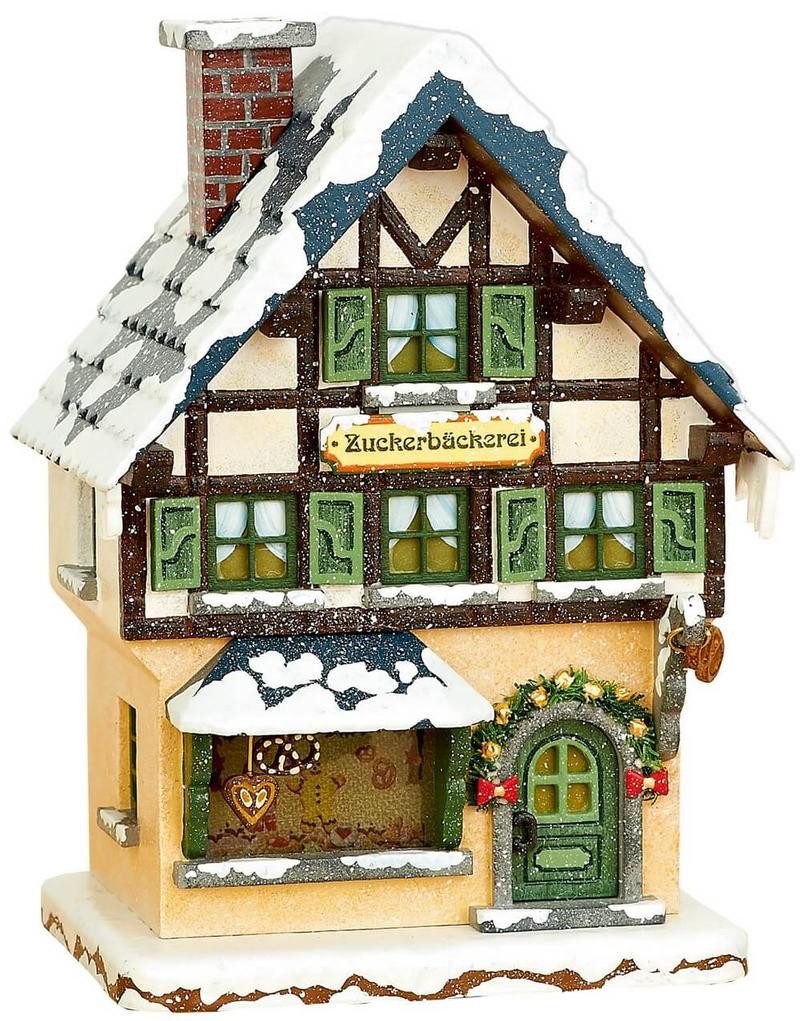 Original Hubrig (Hubrig Volkskunst GmbH) Sammelfigur Haus Zuckerbäckerei, elektrisch beleuchtet, Maße: 12x15x17cm, Handwerkskunst original Erzgebirge