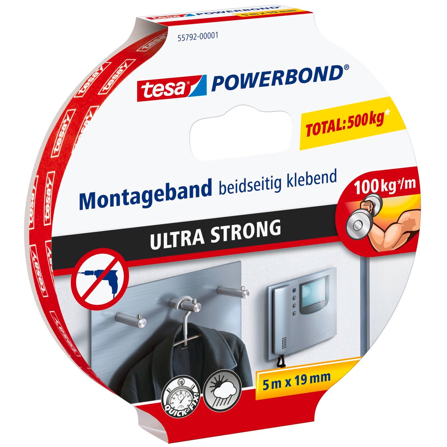 tesa Doppelklebeband POWERBOND Ultra Strong Doppelseitiges Klebeband (Packung, 1-St) wetterfestes Montageband - extra stark klebend - 5 m : 19 mm