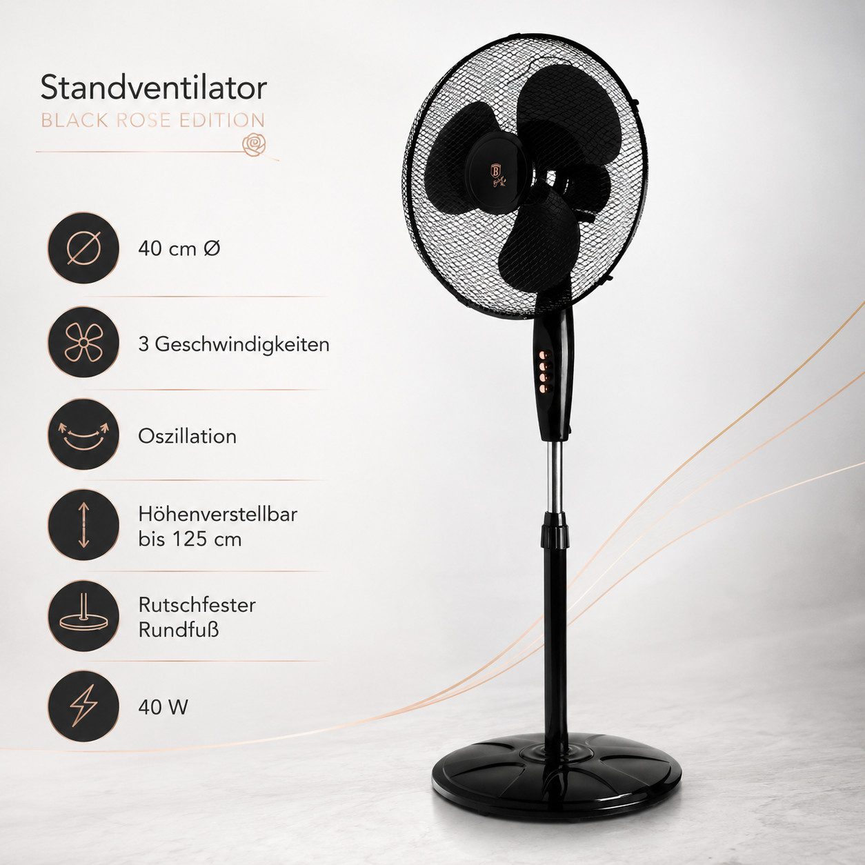 Ertex Standventilator Standventilator Ventilator Kühler 45W Standventilator 125cm Blackrose