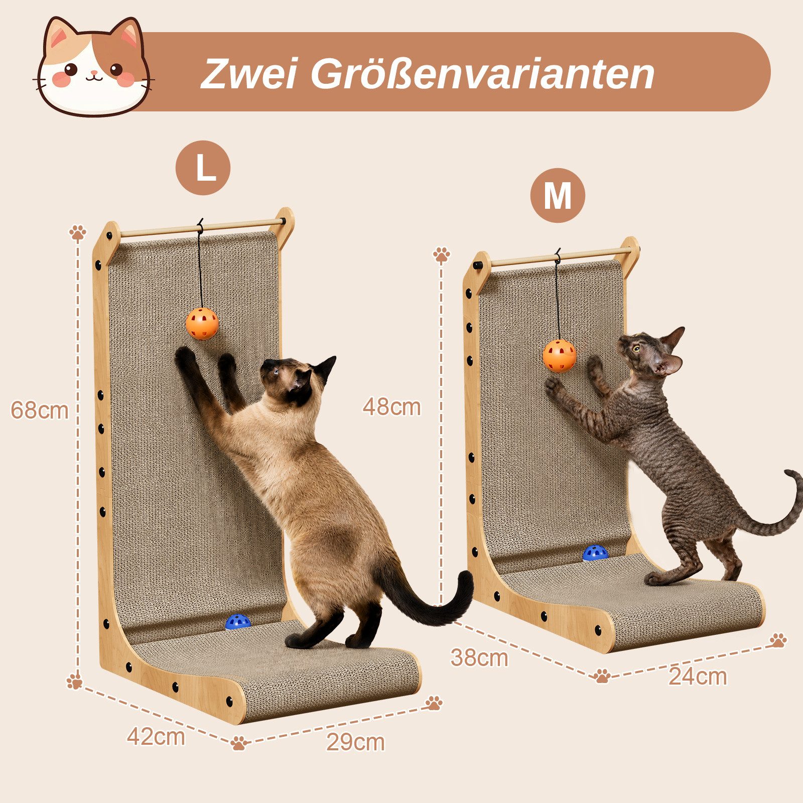 Dogat Kratzbrett L formiges Kratzbrett mit Spielkugel, 68cm, B×T×H: 42×29×68cm & 38x24x48 cm, zur Wandmontage, Kratzmatte