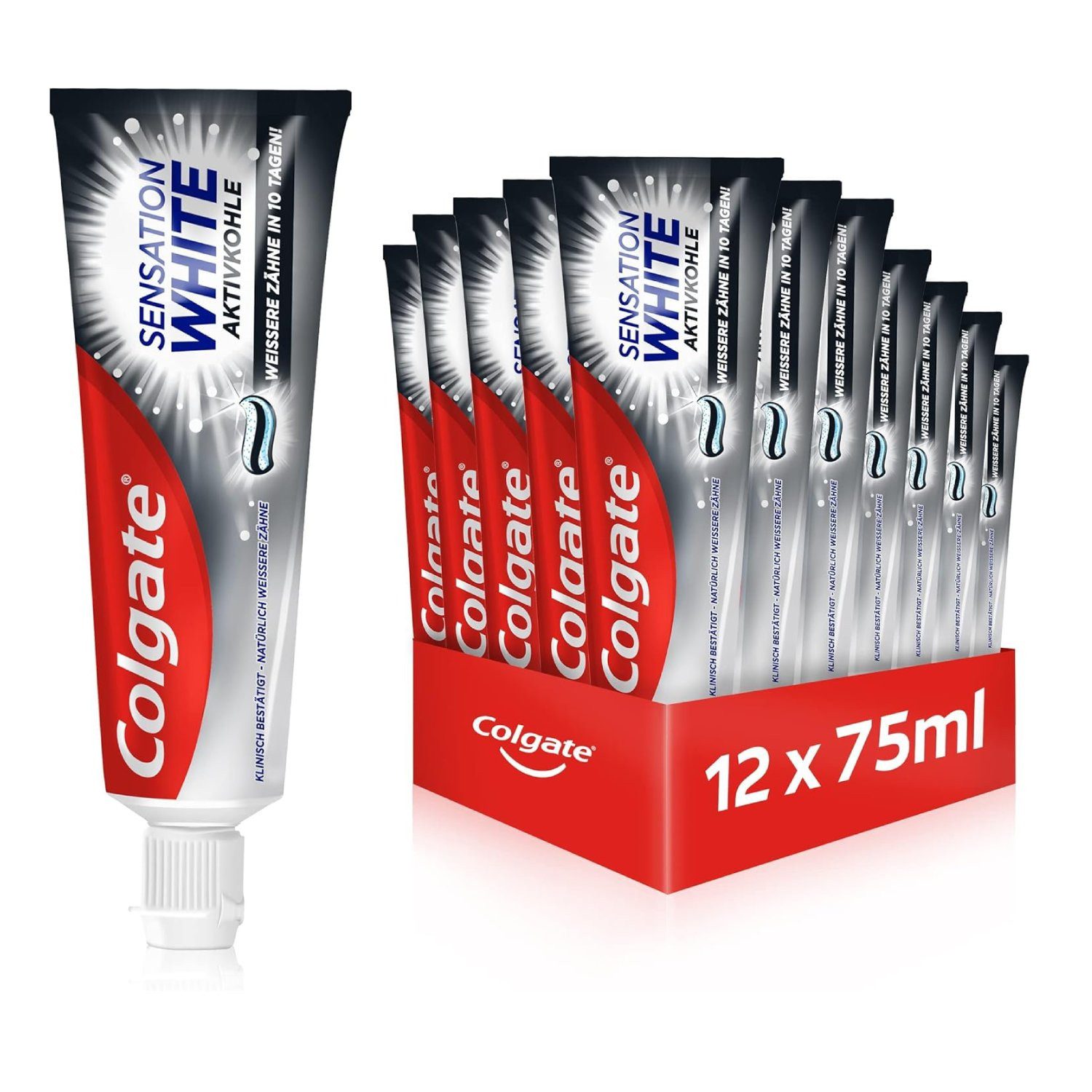 Colgate Zahnpasta Sensation White Aktivkohle 75 ml – weissere Zähne in 10 Tagen, (12-St)