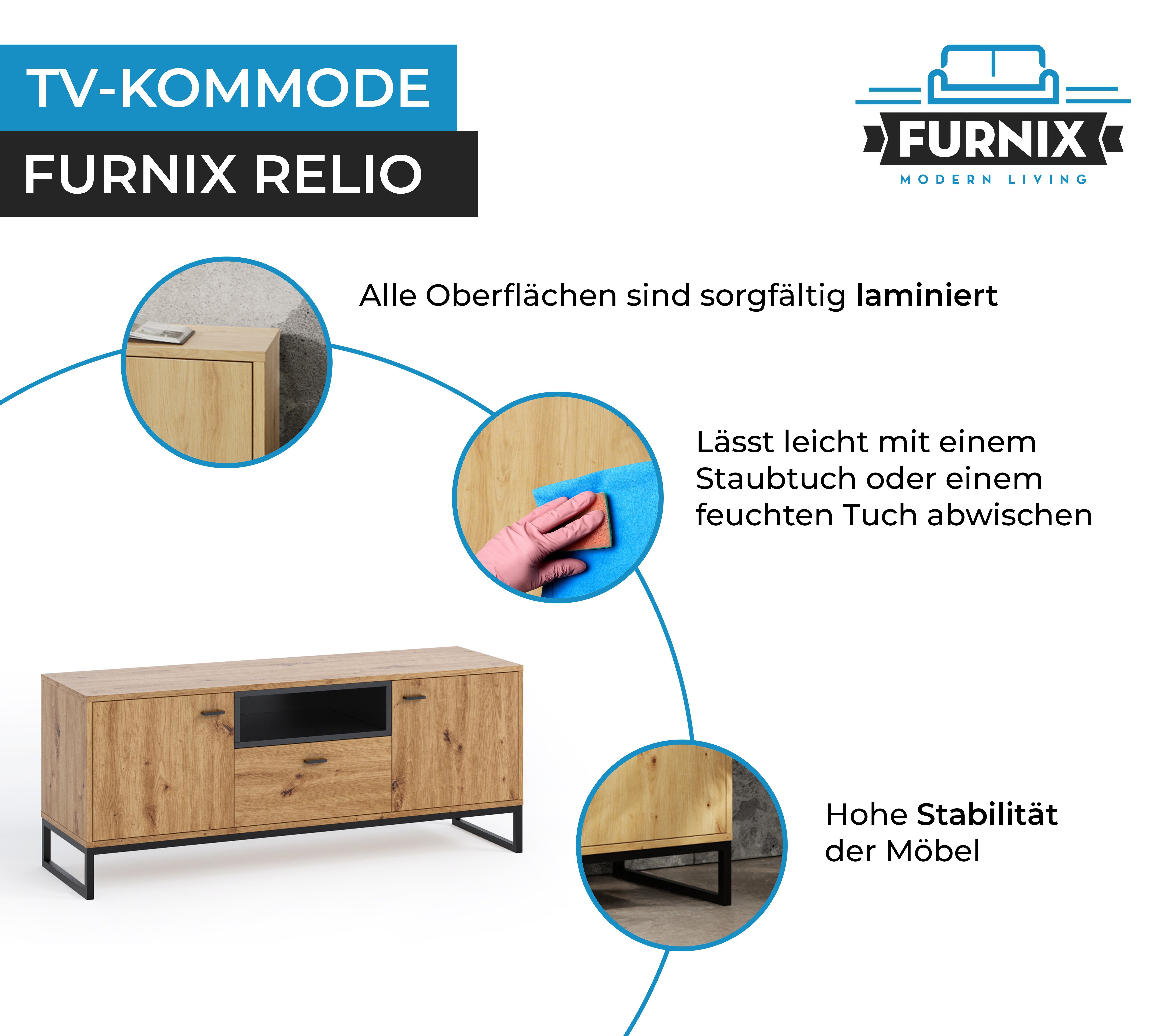 TV-Board Ablage, Lowboard Türen, Schublade, x 2 RELIO Artisan/Schwarz B135x T40 mit, TV-Kommode Furnix TV-Schrank cm H55