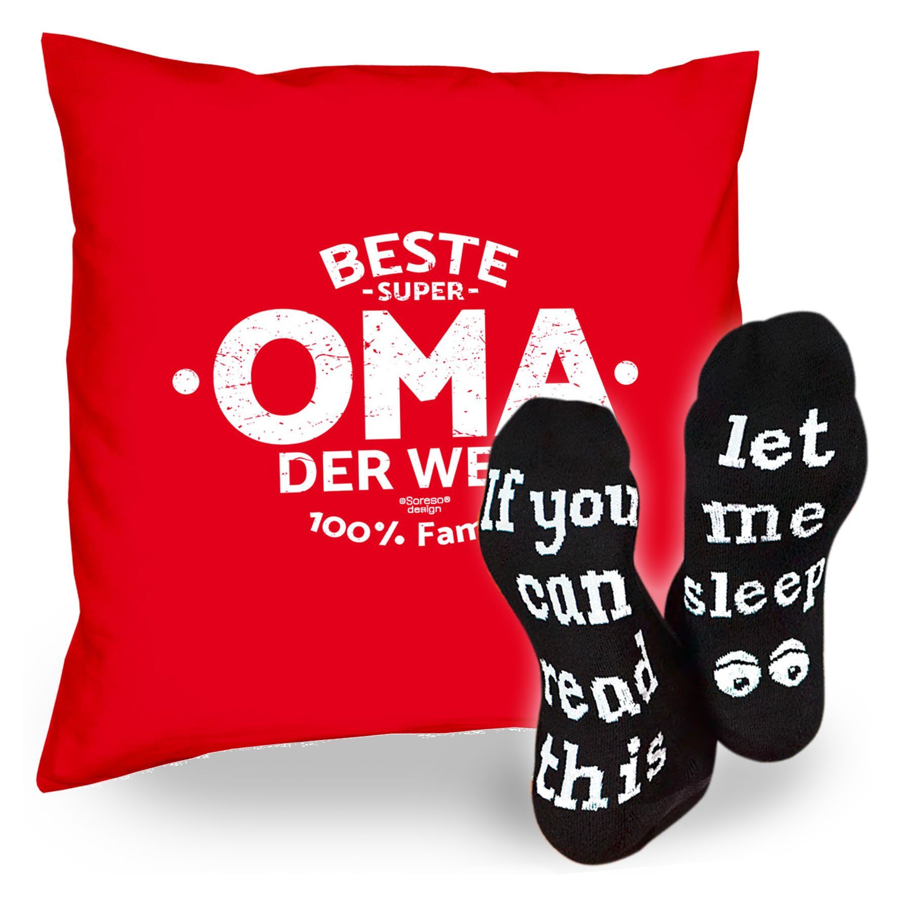 Soreso® Dekokissen Kissen Beste Oma Sprüche & Geburtstagsgeschenk Sleep, Socken Welt der rot Geschenk
