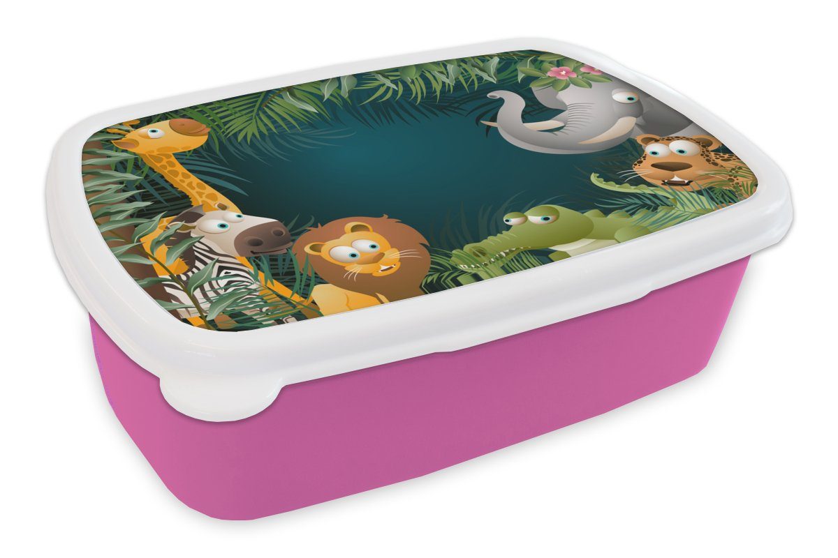 MuchoWow Lunchbox Farben - Dschungeltiere - Blätter - Mädchen - Jungen - Kinder, Kunststoff, (2-tlg), Brotbox für Erwachsene, Brotdose Kinder, Snackbox, Mädchen, Kunststoff rosa