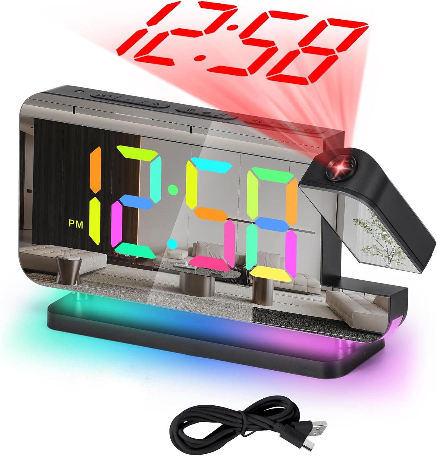 MODFU Projektionswecker Digital Wecker Digitalwecker 11 RGB Projektion LED Alarm Spiegeluhr 7,4” Digitaluhr bunt Dimmbar 180 ° 12/24H 2 USB-Anschluss ohne Akku