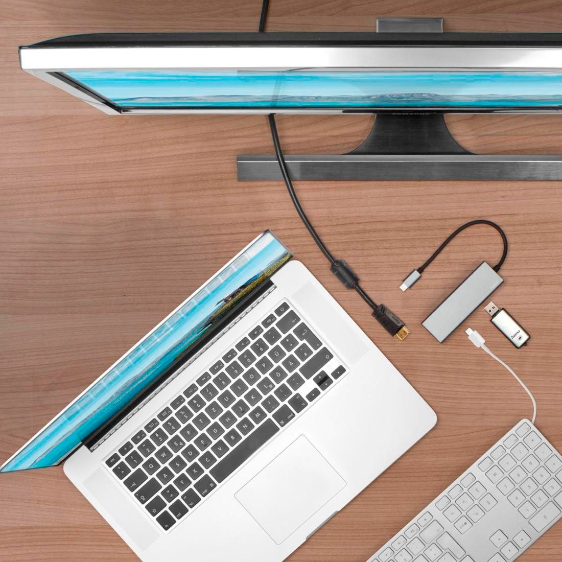 Hama USB-C Multiport Hub für Laptop mit 4 Ports, USB-A, USB-C, HDMI USB-Adapter USB-C zu HDMI, USB Typ A, USB-C, 15 cm, Laptop Dockingstation, kompakt, robustes Gehäuse, silberfarben