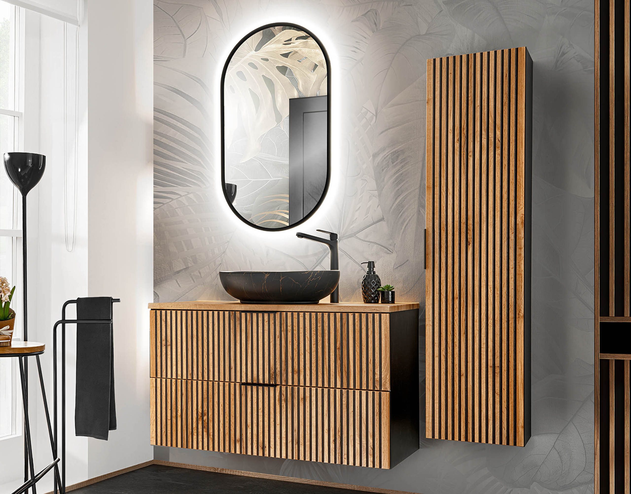 einfachgutemoebel Waschtisch-Set Bad Set 3-teilig TRIBUNE 100cm, Becken black, Schwarz - Wotan-Eiche, (Badmöbel Set, 1-St., Waschtisch SET 3-teilig)