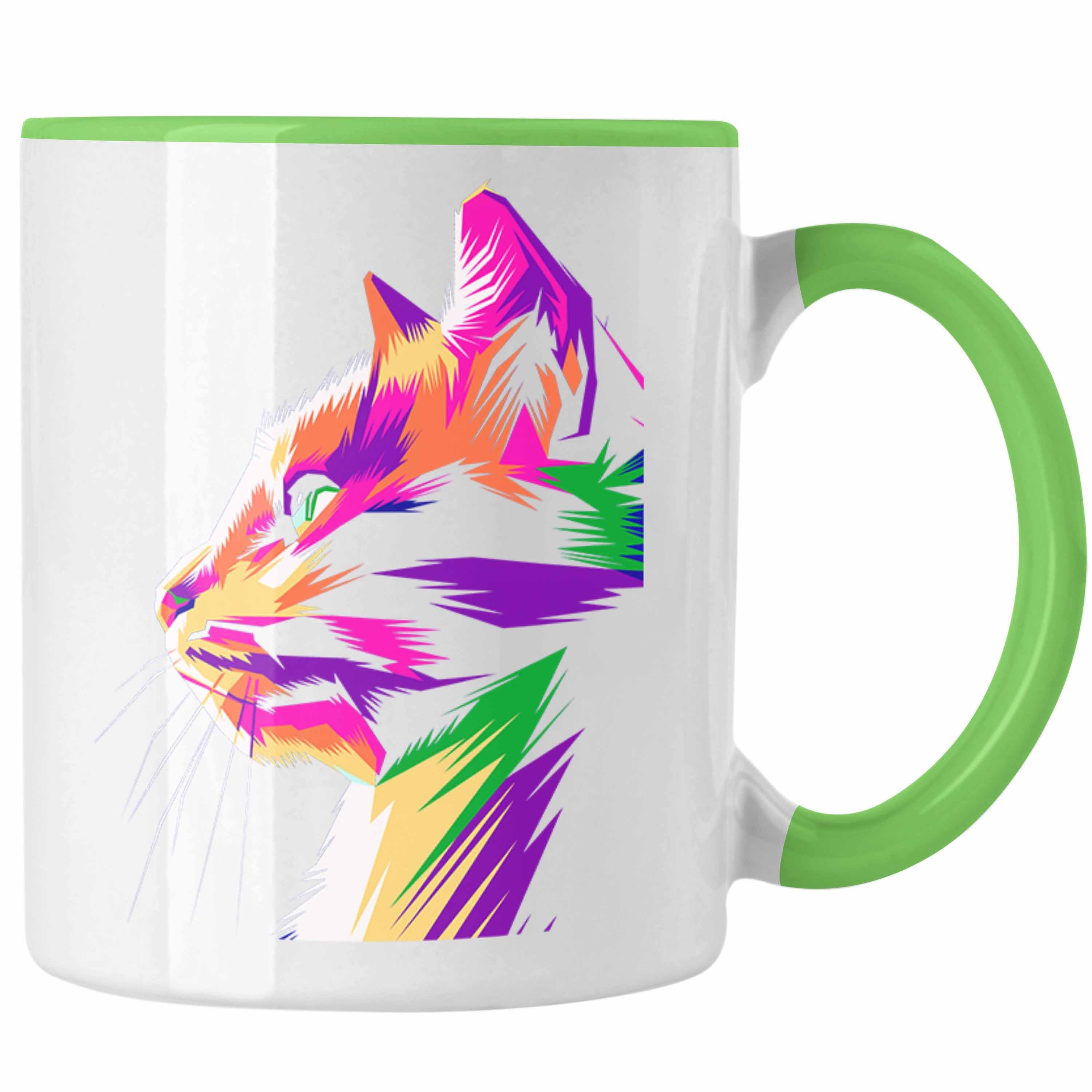 Trendation Tasse Trendation - Katze Poiygon Grafik Tasse Geschenk Katzen Mama Liebhaber Bunt Grün