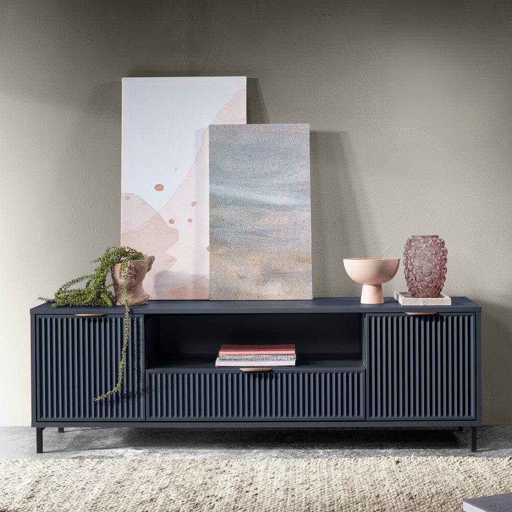 Lomadox Lowboard LAURO-161, Fernsehtisch Fernsehschrank TV-Schrank Indigo blau Rillenoptik 165 cm