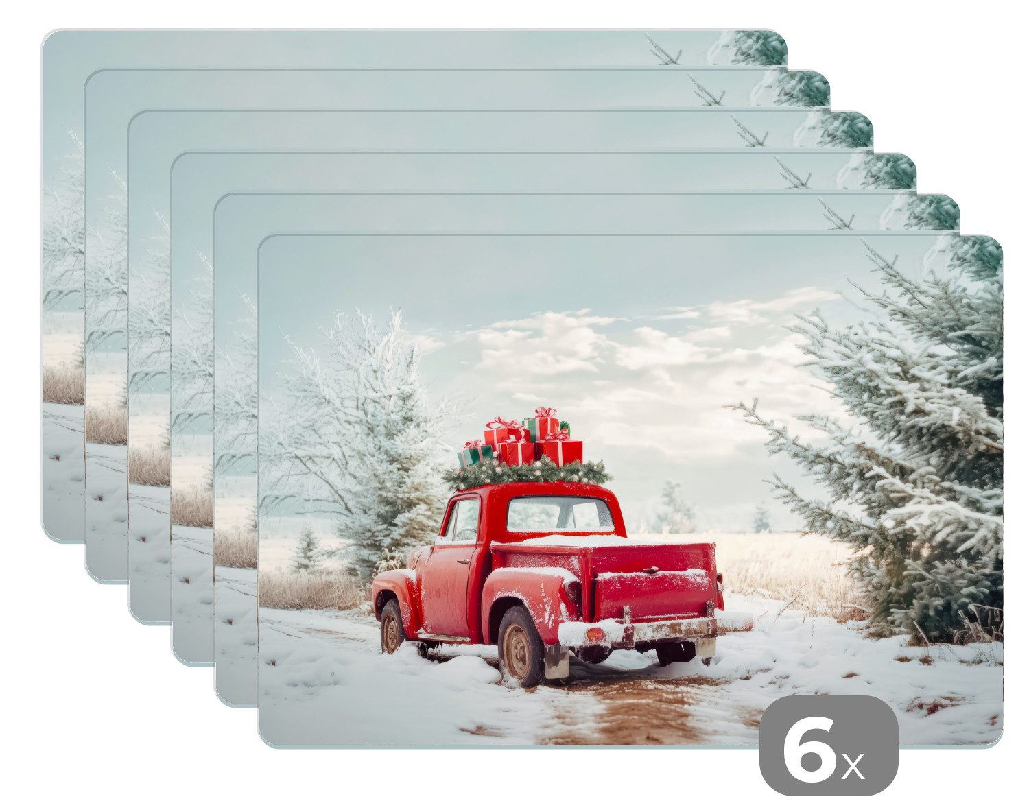 MuchoWow Platzset Auto - Rot - Geschenke - Winter - Schnee - Weihnachten, (6-St), Platzsets, Tischset, Abwaschbar, Tischsets, Platzdeckchen