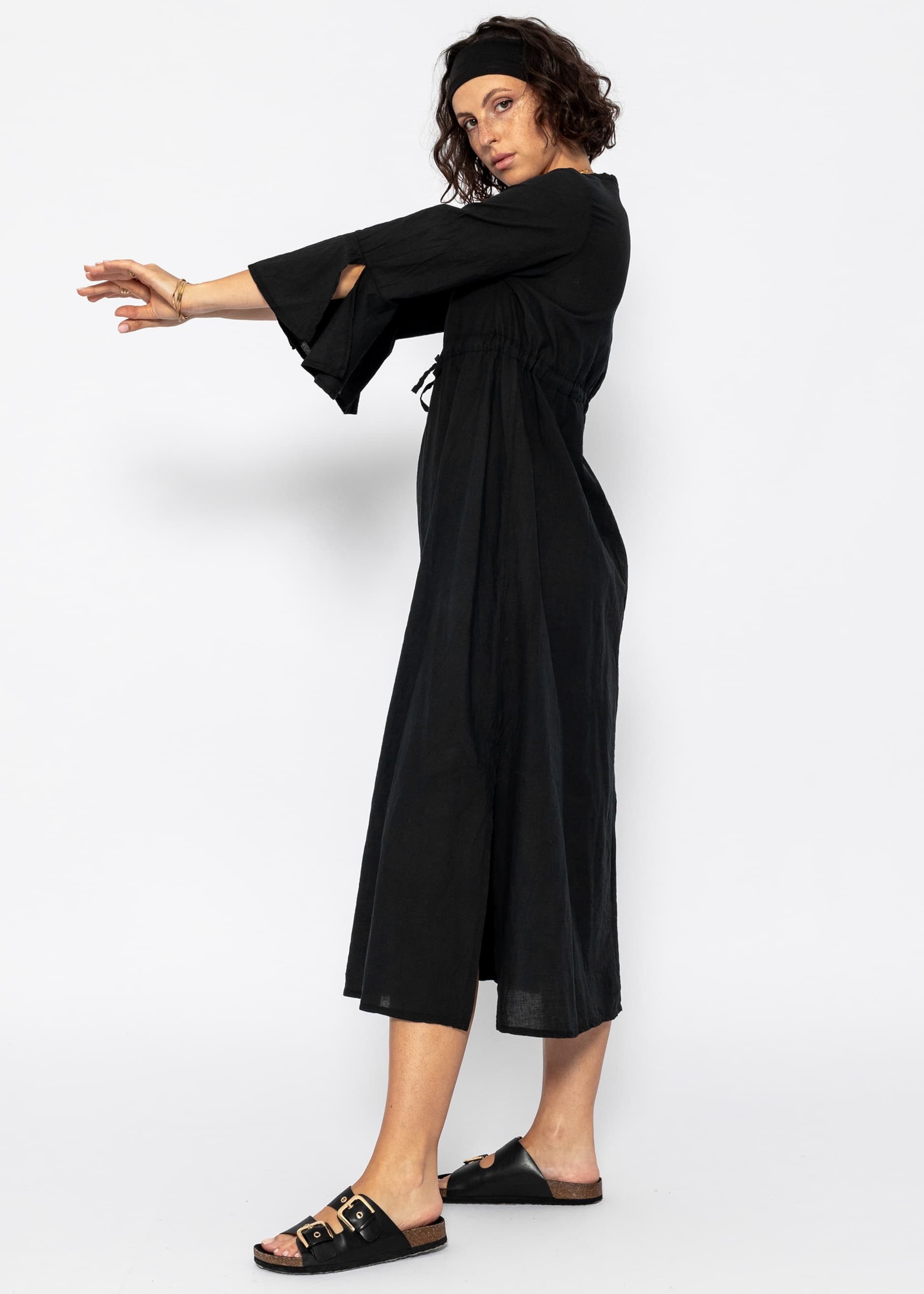SASSYCLASSY Midikleid Baumwollkleid mit Schlitz und weiten Ärmeln Luftiges Midi Kleid mit 3/4 Ärmeln und V-Ausschnitt