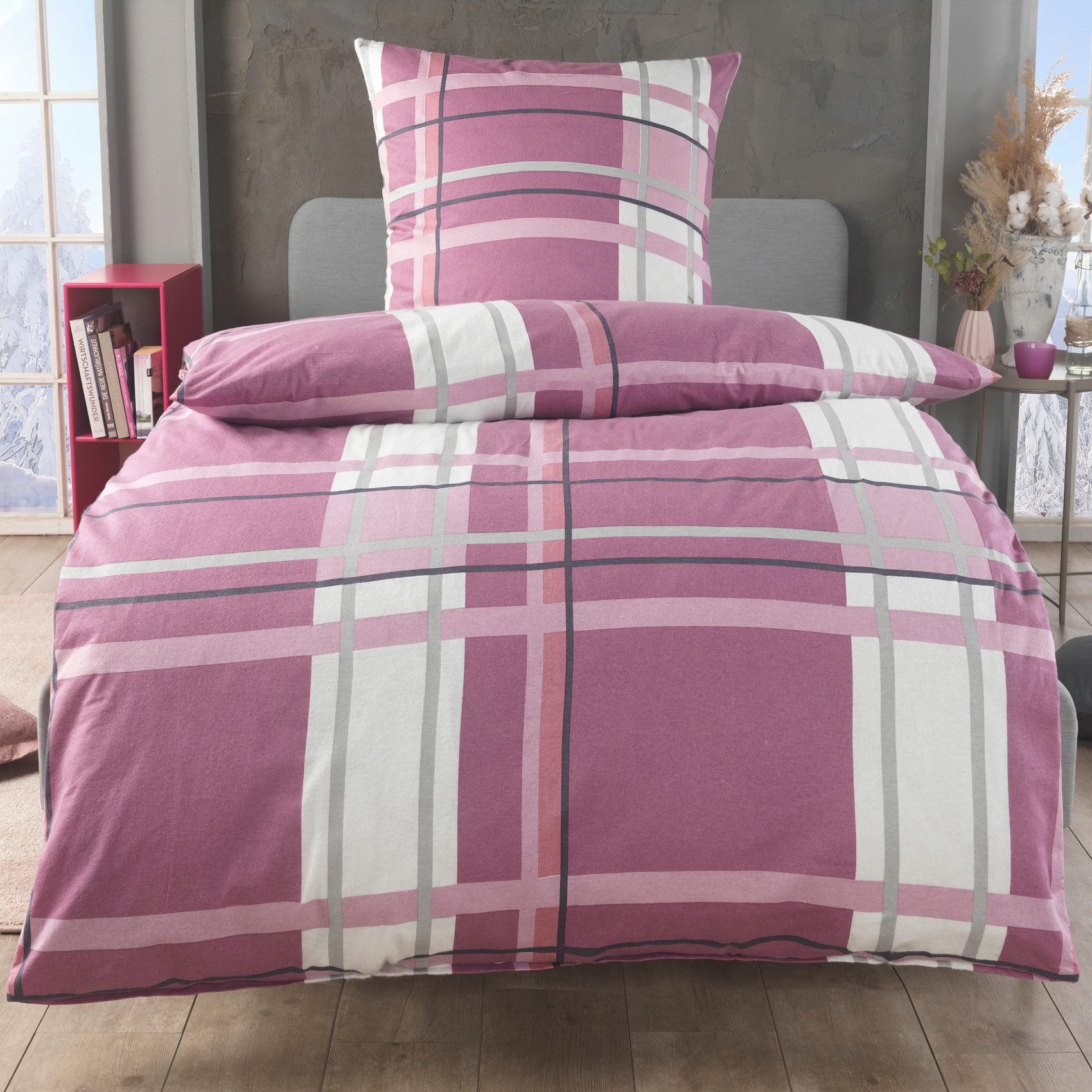 Malika Bettwäsche aus 100 % Baumwolle, 135x200 + 80x80 cm, Rosa, Kariert, Baumwolle, 2 teilig, Für Allergiker geeignet, pflegeleicht, angenehm weicher Stoff