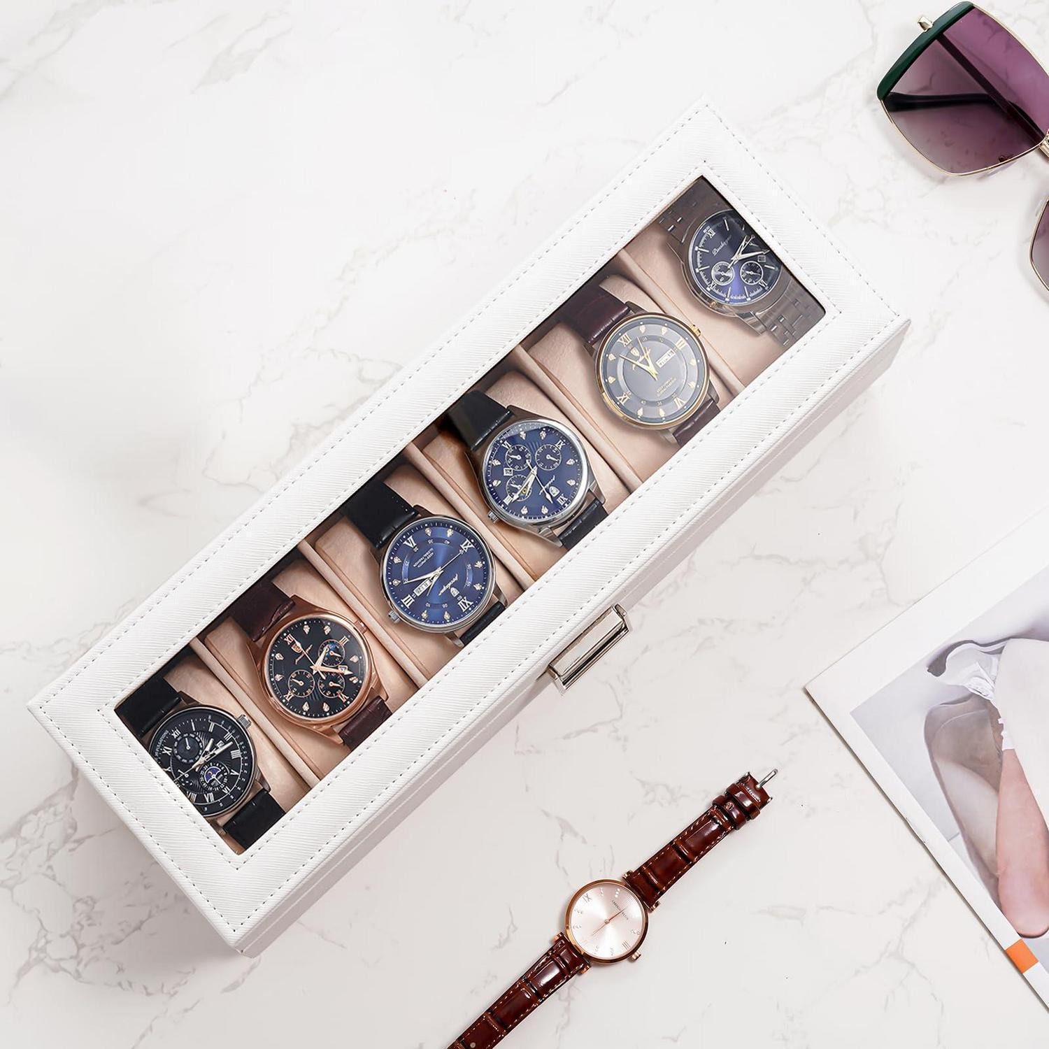 LuxusKollektion Uhrenbox Uhrenbox 6 Fach mit Glasdeckel Weiß (1 St)