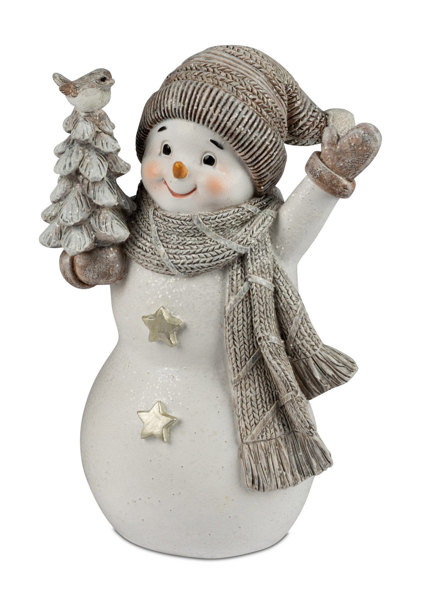 dekotrend.gallery Weihnachtsfigur Schneemann mit Tanne Vogel Weihnachtsfigur Deko Winter Figur Skulptur, Dekofigur Objekt Dekoskulptur Dekoobjekt aus Polyresin (Kunststein)