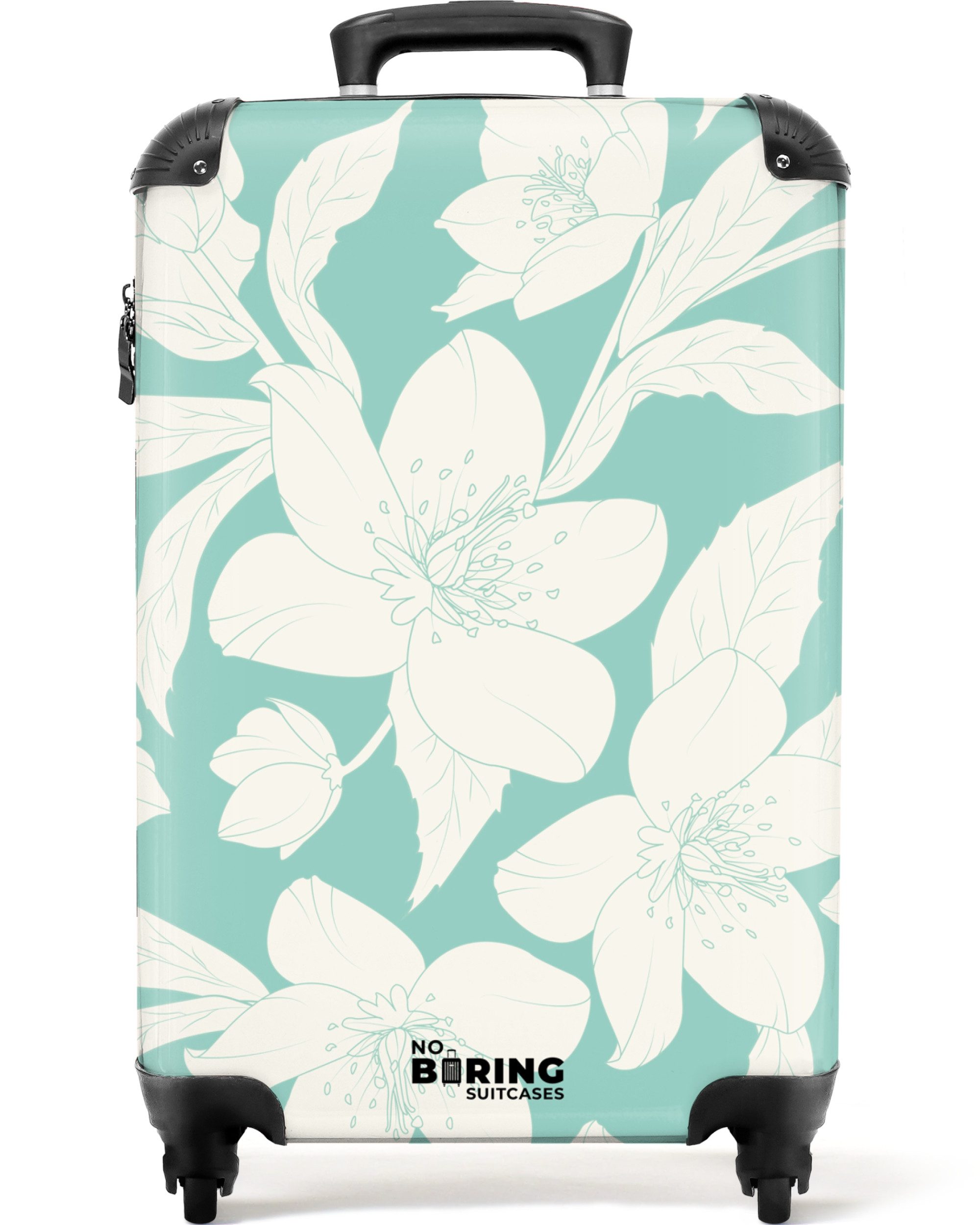 NoBoringSuitcases.com© Hartschalen-Trolley Türkis mit weißen Blumen günstig online kaufen