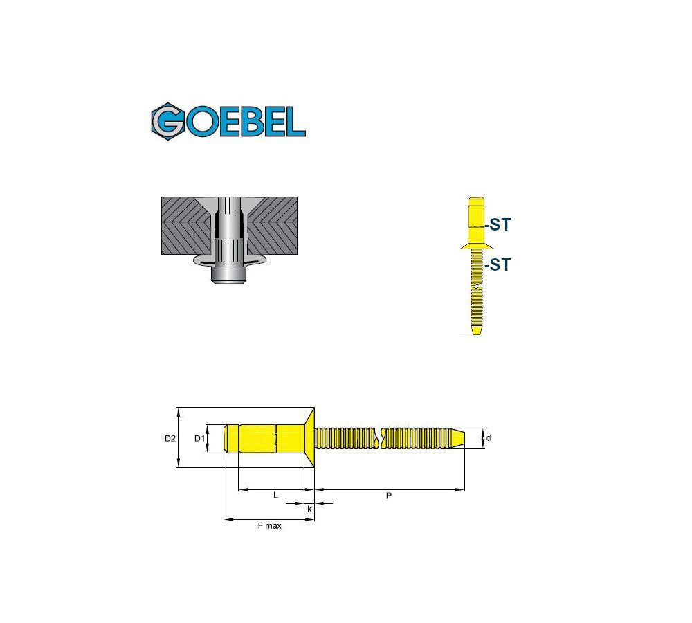 GOEBEL GmbH Blindniete 7891064115, x PREMIUM-LOCK St., Hochfeste mit Nietdorn), Stahl 11,5 / mm, (250x 6,4 250 Blindniete Stahl gerilltem Senkkopf Niete