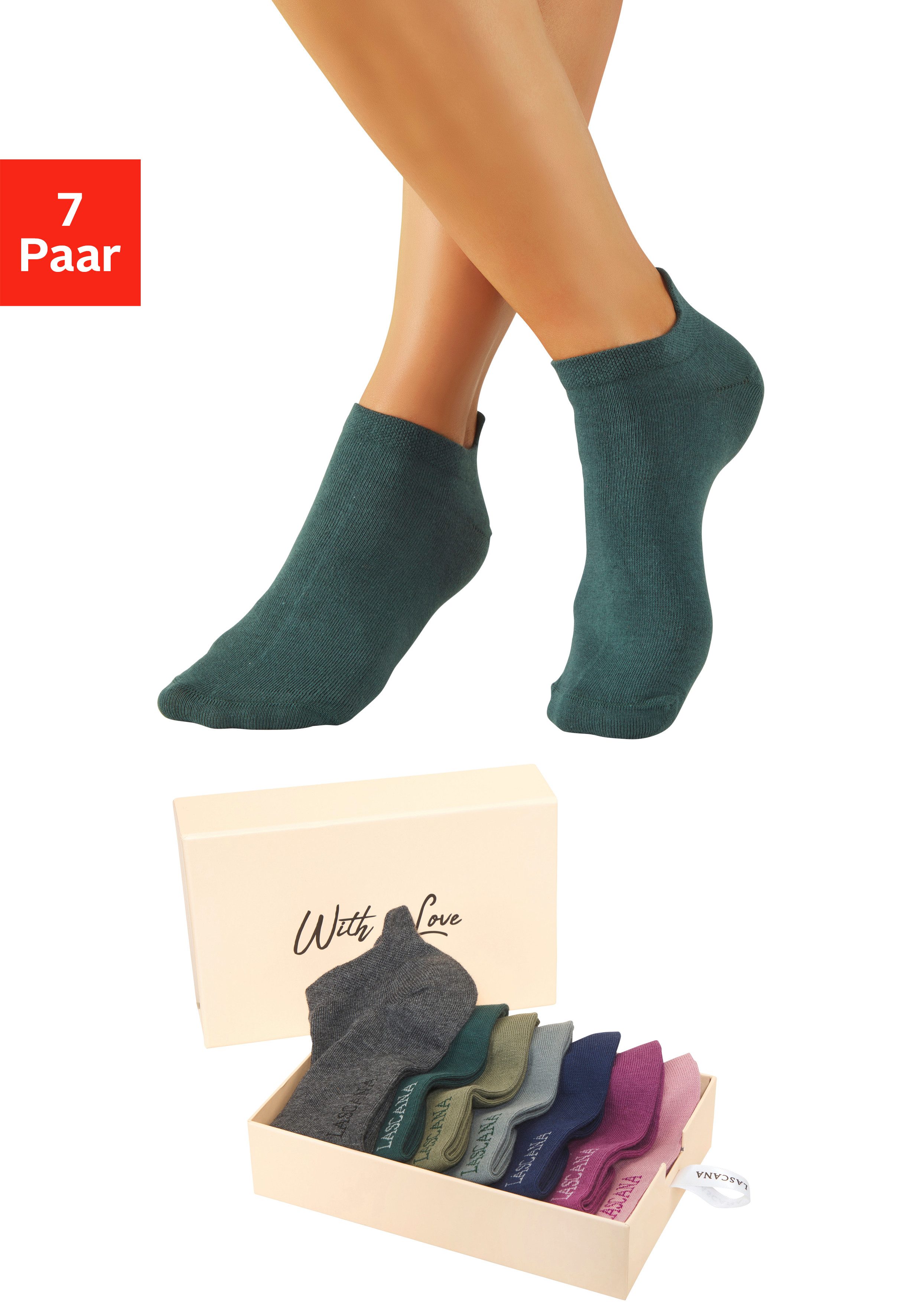LASCANA Sneakersocken für Damen mit eingestricktem Markenlogo (Box, 7-Paar, Box) in ansprechender Geschenkbox