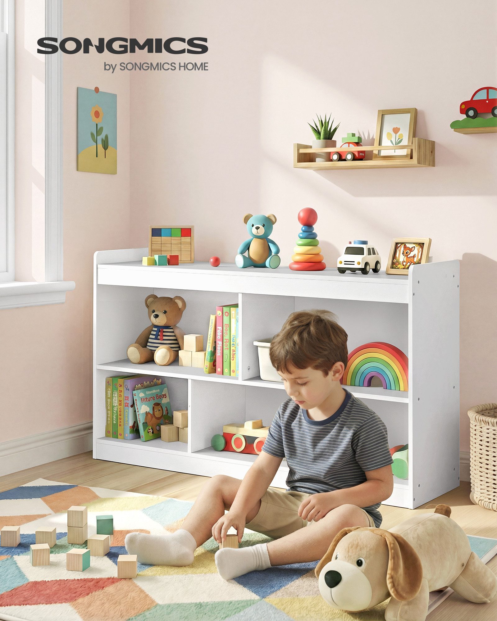 SONGMICS Schuhregal Kinderregal, Spielzeug Aufbewahrung, Spielzeugregal, Montessori Regal, 5 offene Fächer, Kinderzimmer Wohnzimmer, 30 x 112,2 x 65 cm