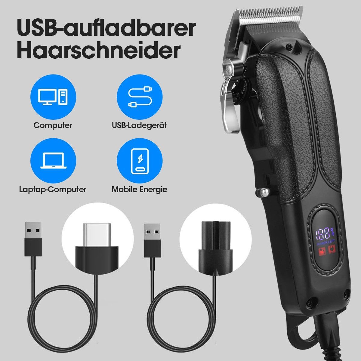 MOPUEA Elektrorasierer Kabelloses Elektrischer Profi-Haarschneide-Set 23pcs Leder LED Anzeige, Aufsätze: 10, 23-teiliges Set mit Haarschneider, Trimmer und 10 Aufsteckkämmen, Kabellos, starke Leistung, LED-Anzeige, präzise T-Klinge, 120 Min