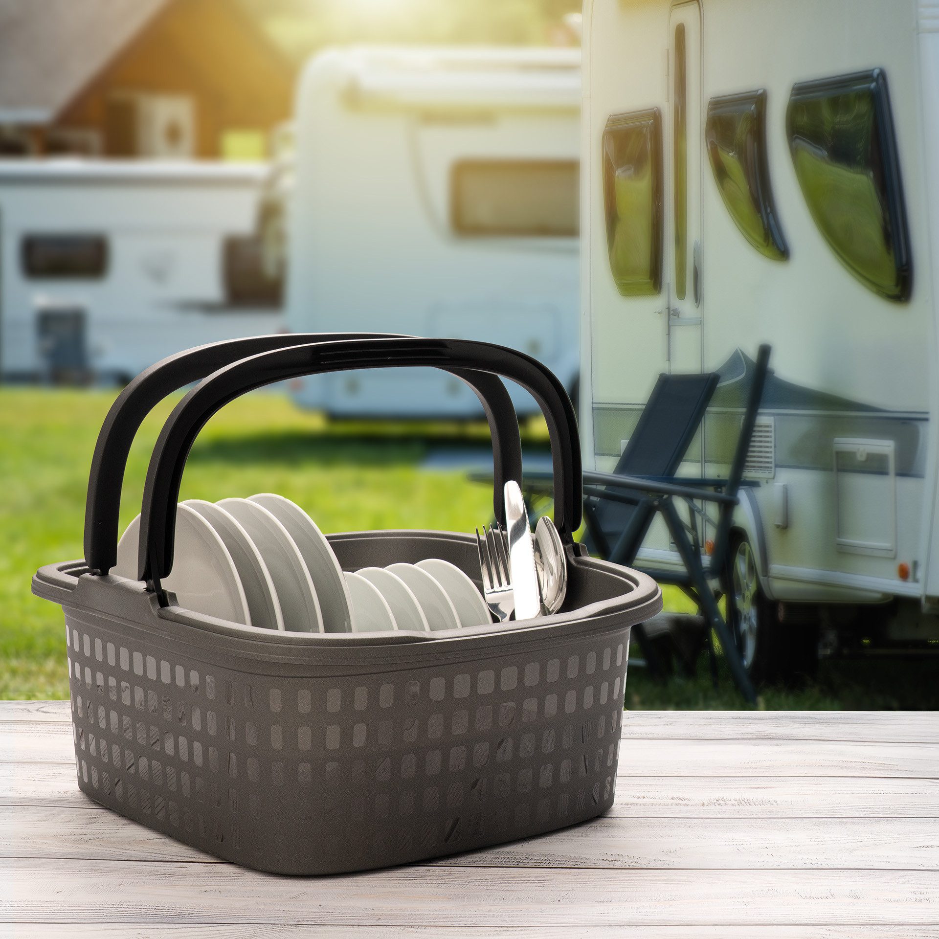 Hausfelder Waschbecken Camping Spülset, 2teilig, Spülwanne Anthrazit + Abtropfgitter weiß (2er Set, 2-St., WAnne + Abtropfgestell), ideal für unterwegs, robuste – Bild 5 von 5
