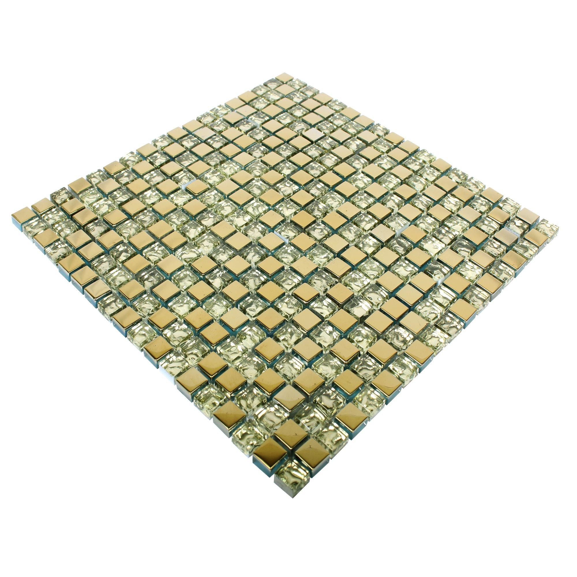 Mosafil Mosaikfliesen Glasmosaik Fliesen Moldau, Glas 30.000x30.000, gold, Verlegefertig auf ein Netz geklebt