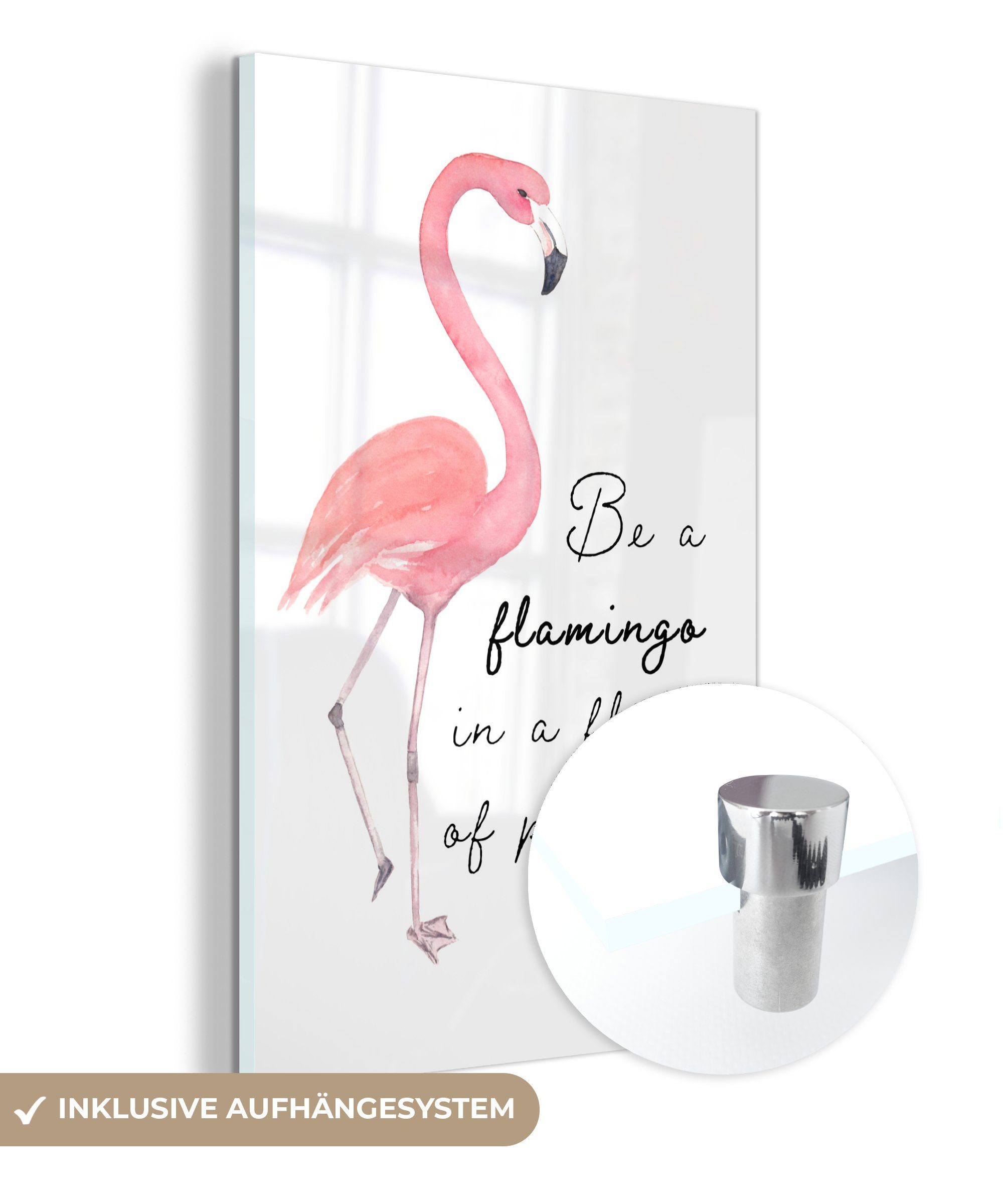MuchoWow Acrylglasbild Rosa - Flamingo - Zeichnung, (1 St), Glasbilder - Bilder auf Glas Wandbild - Foto auf Glas - Wanddekoration bunt