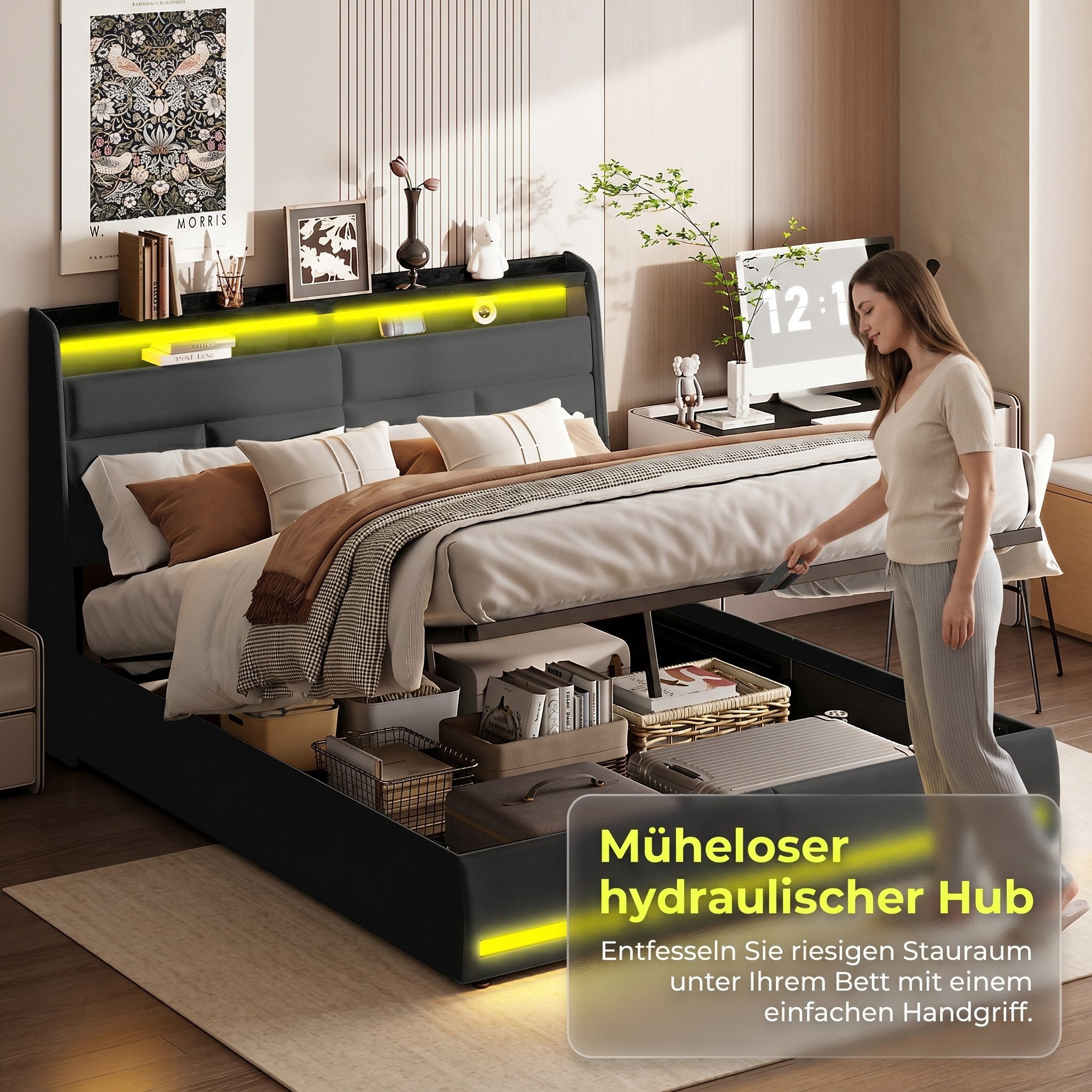 PXloue Stauraumbett Polsterbett Doppelbett, mit LED-Beleuchtung und verstecktem Stauraum,140x200 cm
