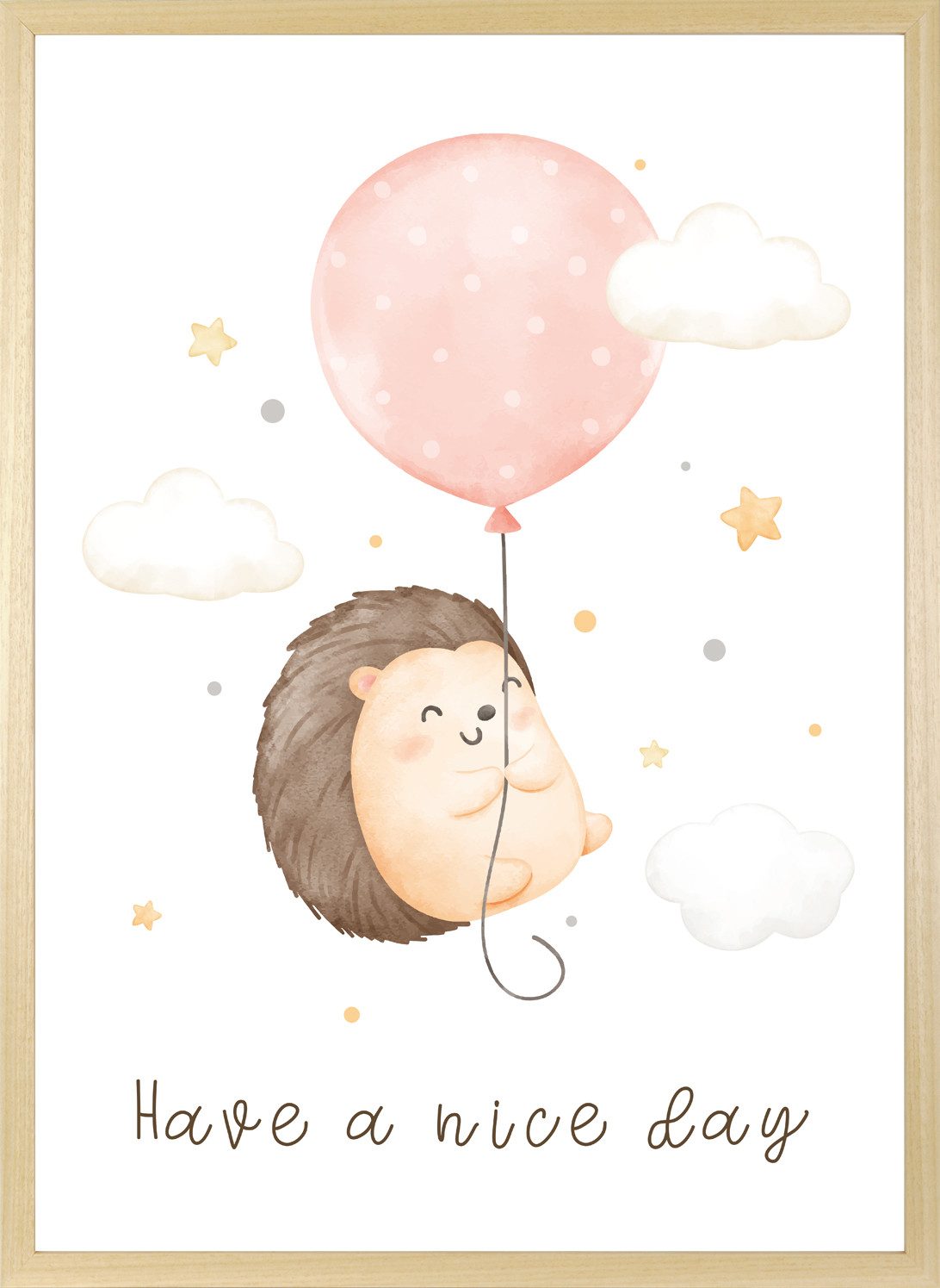 queence Bild mit Rahmen Fliegender Igel mit Ballon, Bilder vom Sternenhimmel, Himmel, Himmelsbilder, Luftballon, Schriftzug, Stern, Sterne, Tiere, Wolken (1 St), HD Premium Posterdruck mit Echtholzrahmen