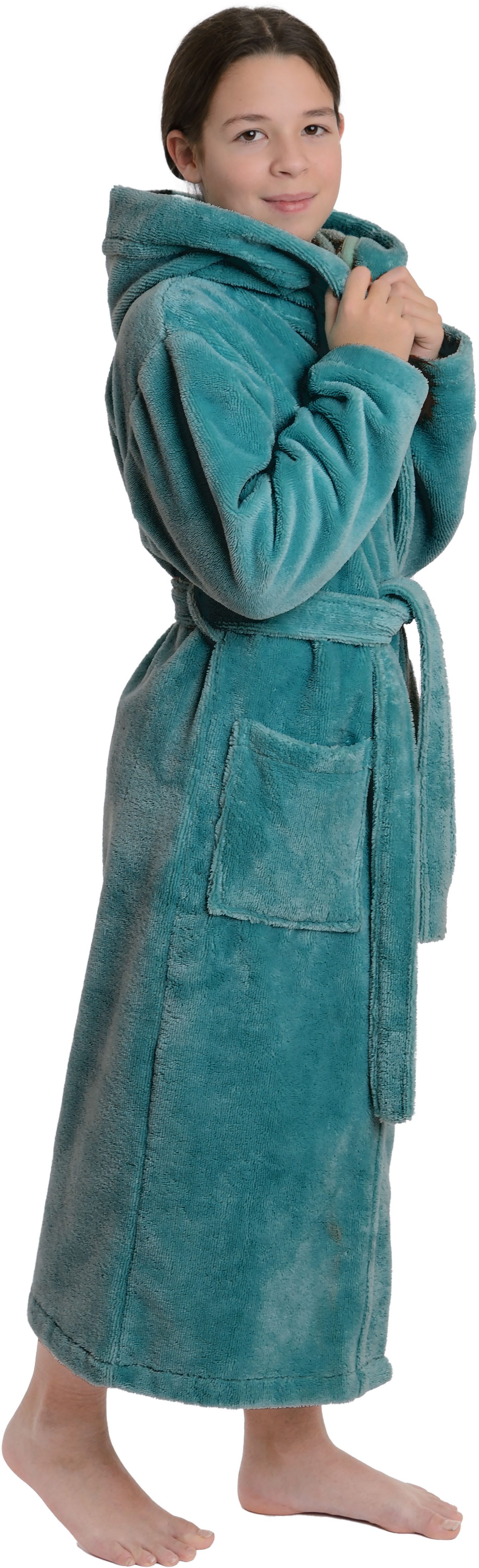 Wewo fashion Kinderbademantel 8514, Midilänge, Baumwoll-Mix, Kapuze, Gürtel, mit kuscheliger Kapuze