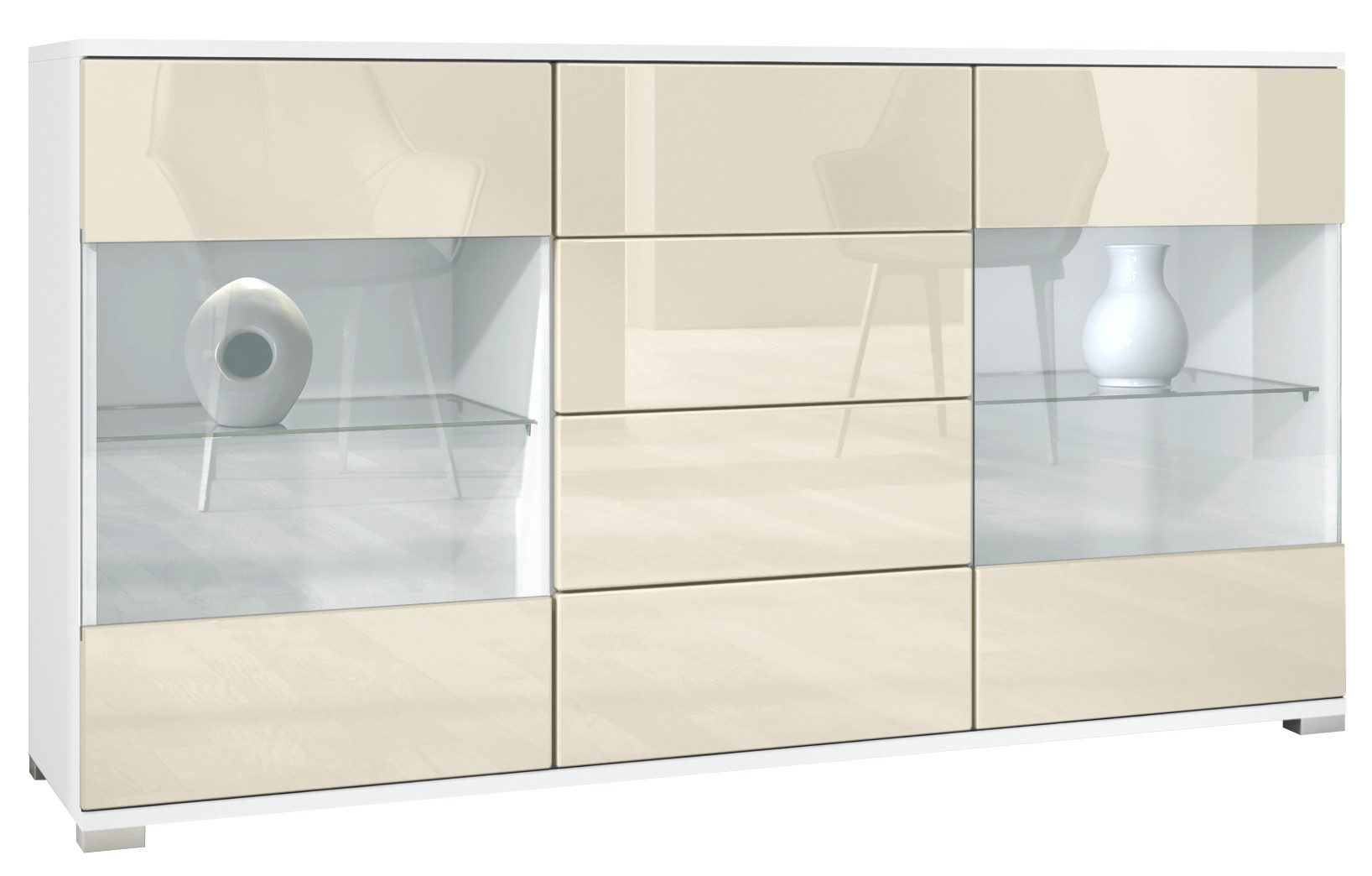 Vladon Sideboard Bari V1 (Kommode mit 2 Türen, 4 Schubladen und 2 flexible Glaseinlegeböden), Weiß matt/Creme Hochglanz (138,5 x 75,5 x 35)
