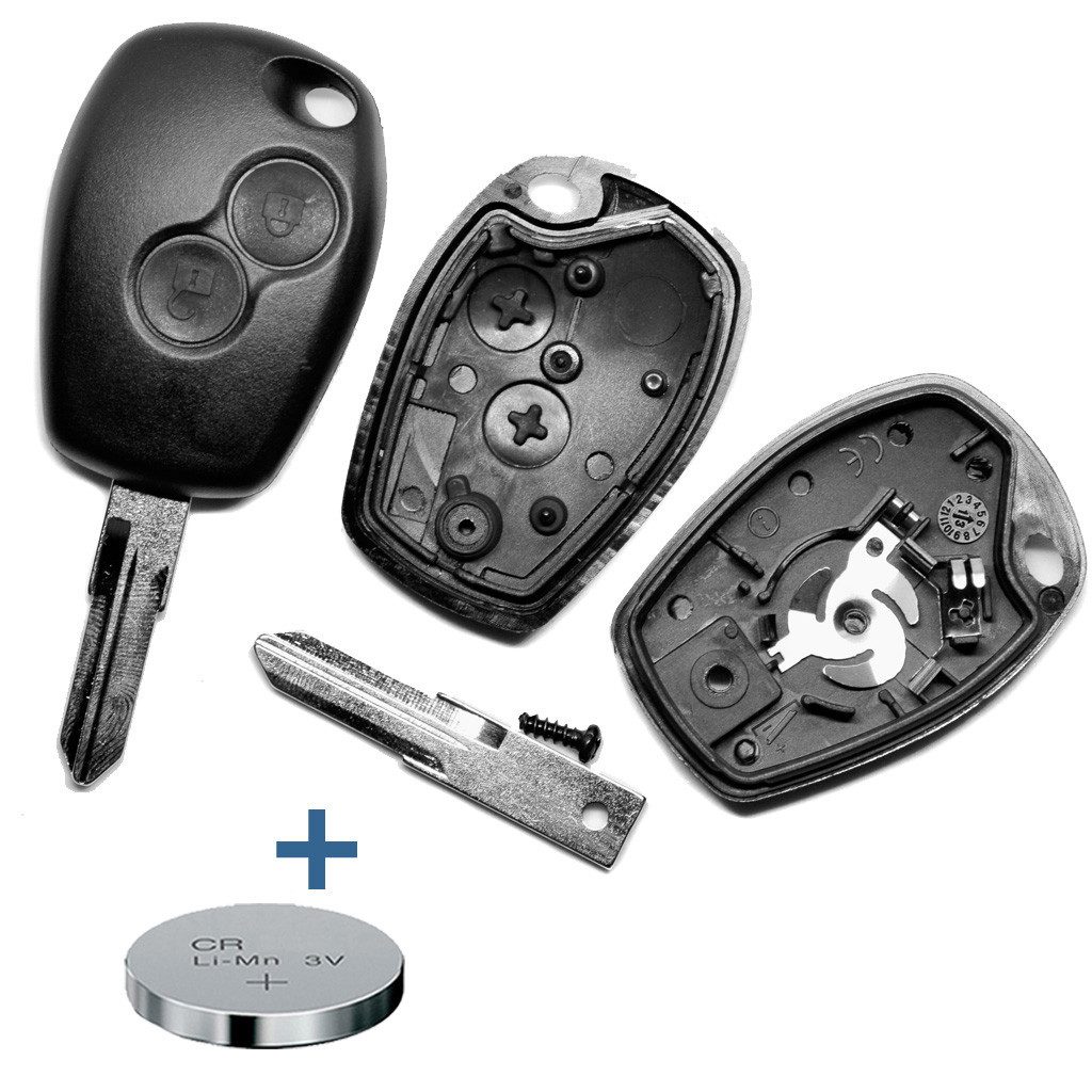 mt-key Auto Schlüssel Gehäuse 2 Tasten + Rohling VAC102 + 1x passende CR2016 Knopfzelle, CR2016 (3 V), für Dacia Renault Funk Fernbedienung