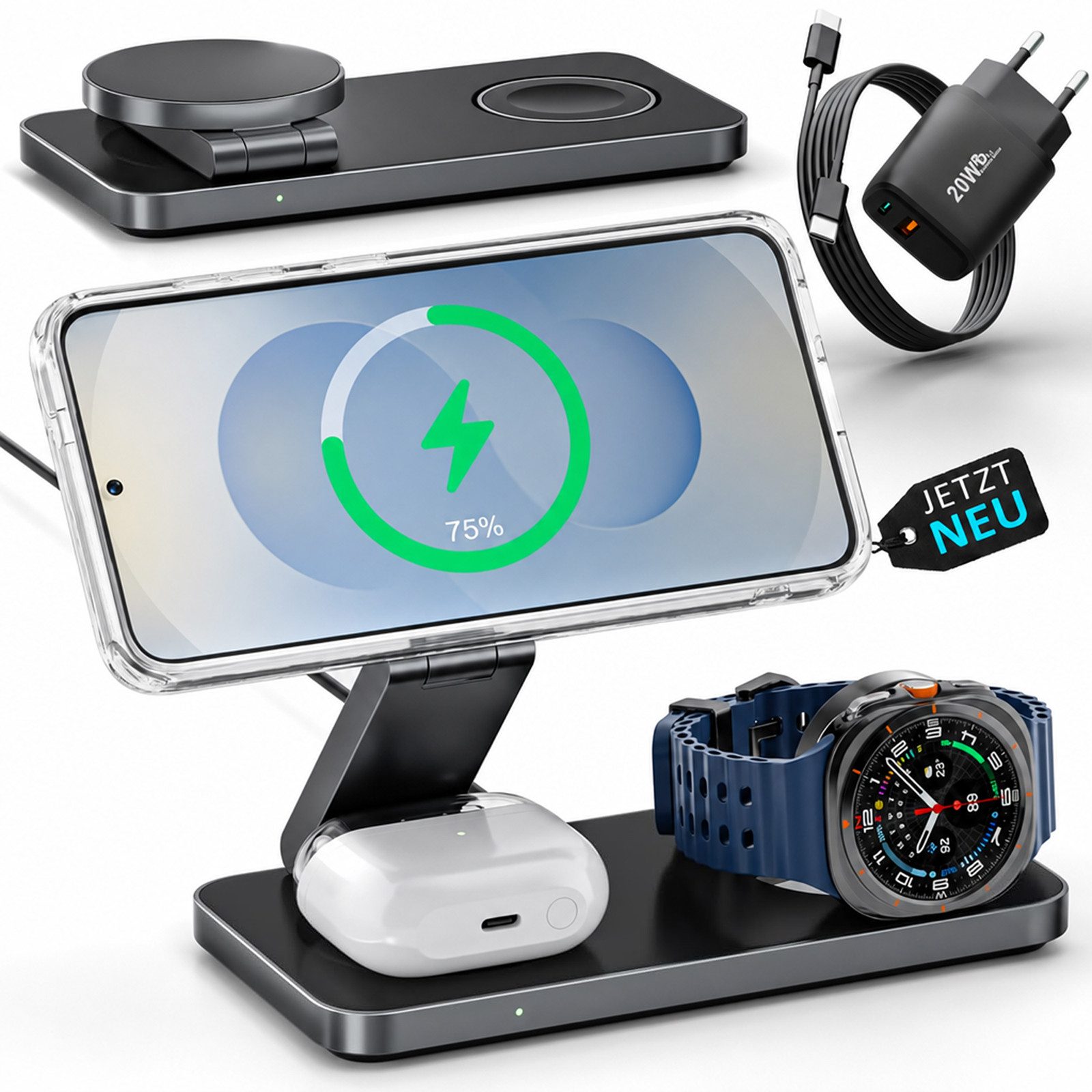 GreenHec 3in1 Ladestation für Samsung S26 S25 S24 S23, Magnetisch, Induktiv Wireless Charger (Spar-Set, Wireless Charging Pad, Watch Charger, MagSafe kompatibel, Induktions-Ladegerät, Ultra, 15w)