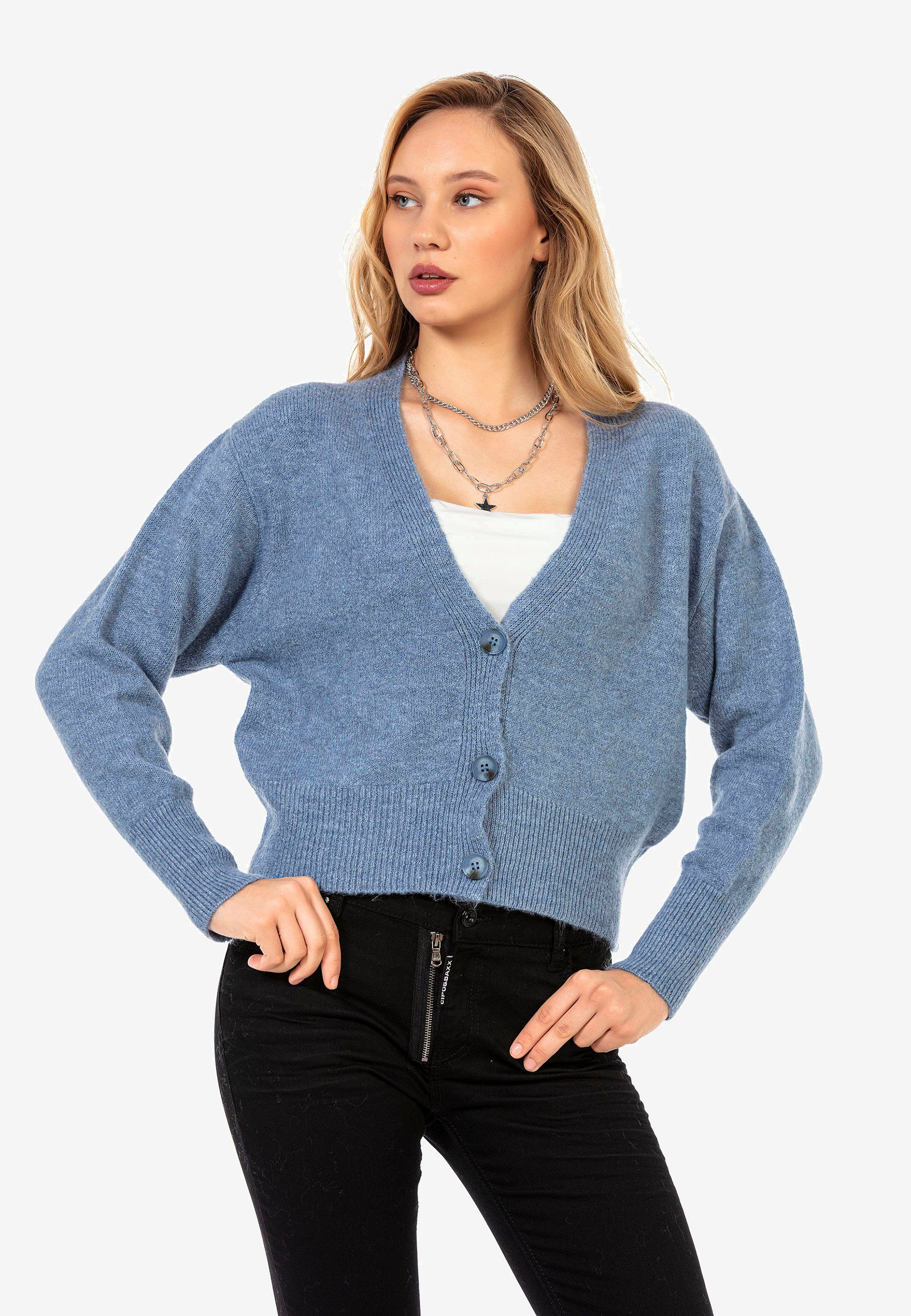 Strickjacke indigo Cipo V-Ausschnitt mit Baxx tiefem &