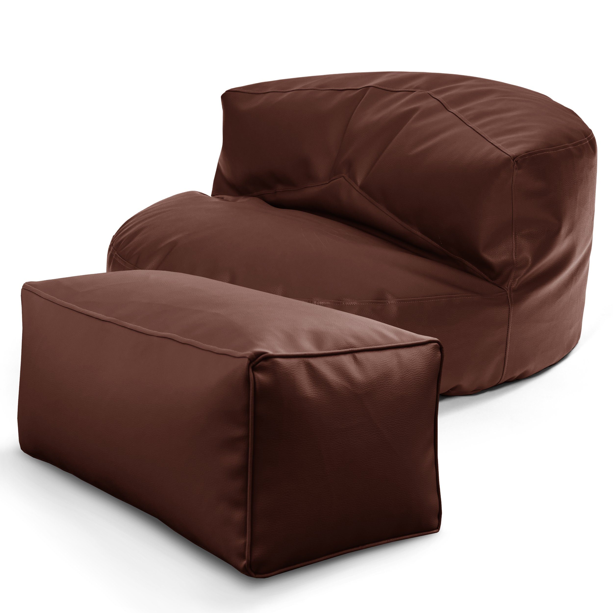 Green Bean Sitzsack Sofa + Pouf Sitzsack als Set aus Kunstleder, EPS Perlen Füllung ca. 90x45cm - Couch XXL Riesensitzsack Lounge Ottomane Dunkelbraun