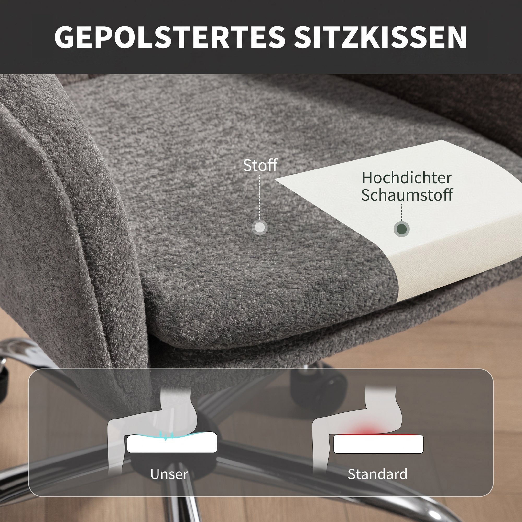 HOMCOM Bürostuhl Schreibtischstuhl mit Wippfunktion (nicht anwendbar, 1 St), Wippfunktion, höhenverstellbar, Samtbezug – Bild 5 von 5
