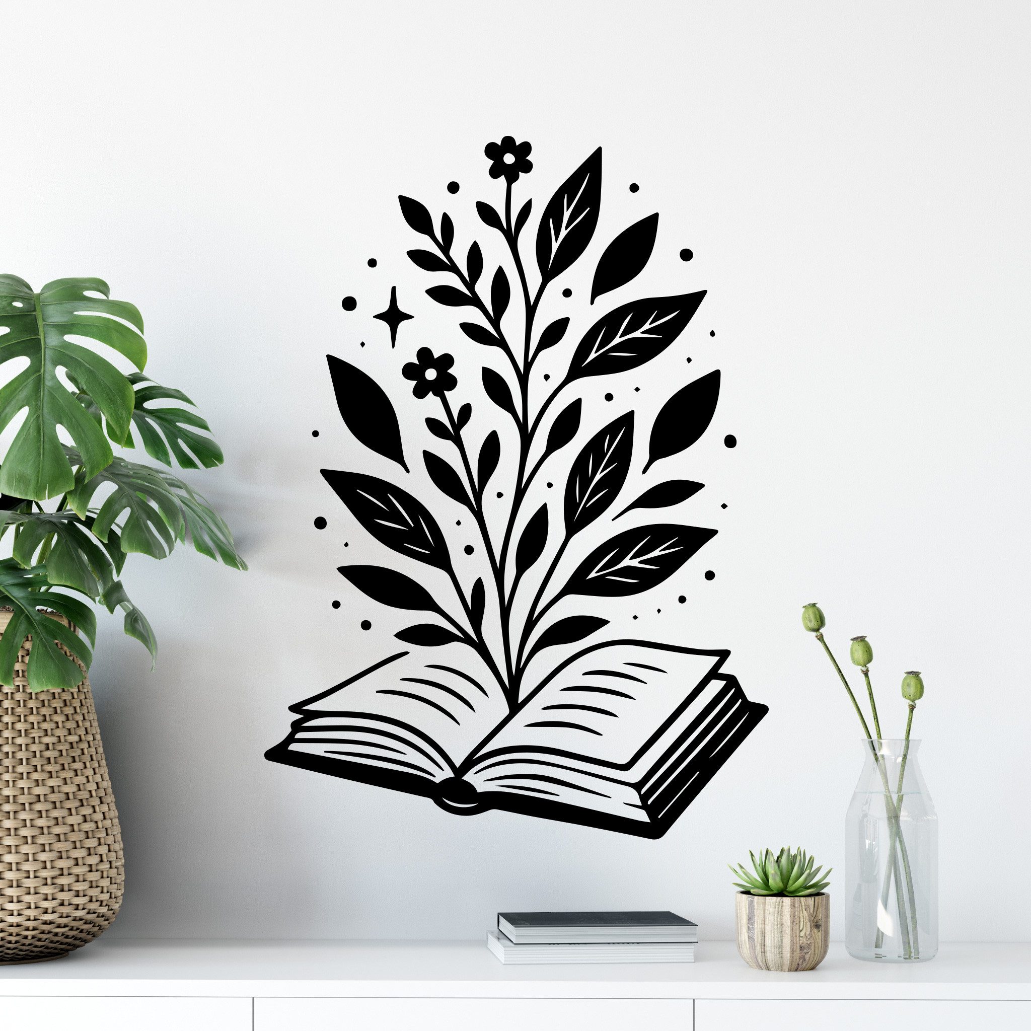 Sunnywall Wandtattoo Buch Pflanzen stilvolle Bookish Deko für Buchliebhaber (Bookish), selbstklebend, konturgeschnitten, rückstandslos entfernbar