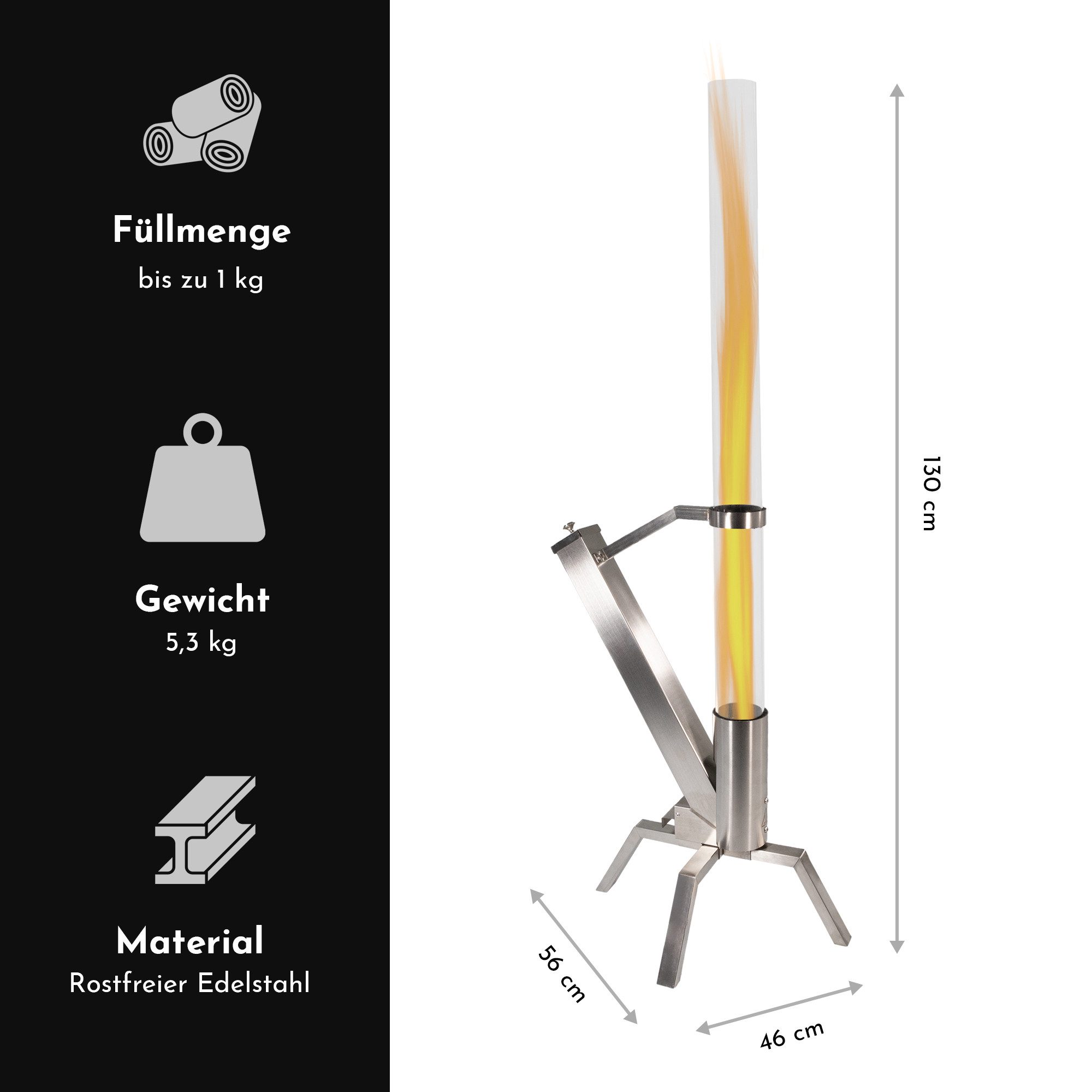 Edenoutdoor Gartenfackel Pelletfackel Edelstahl, Feuerrohr mit Glasröhre 75 Min. Brenndauer, hochwertiges, wetterbeständiges Design