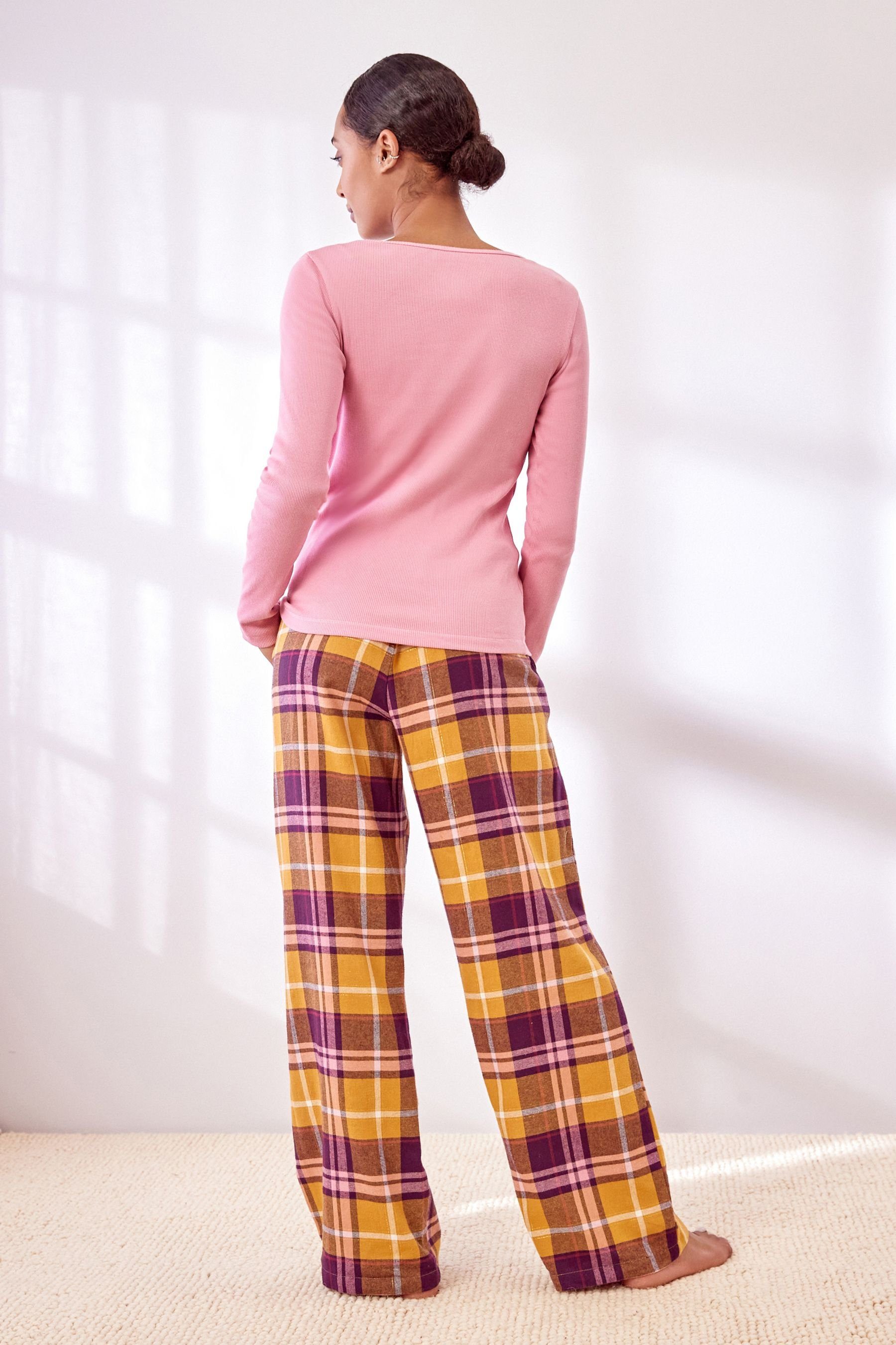 Next Pyjama Schlafanzug mit tlg) Pink geripptem und Flanellhose (2 Top