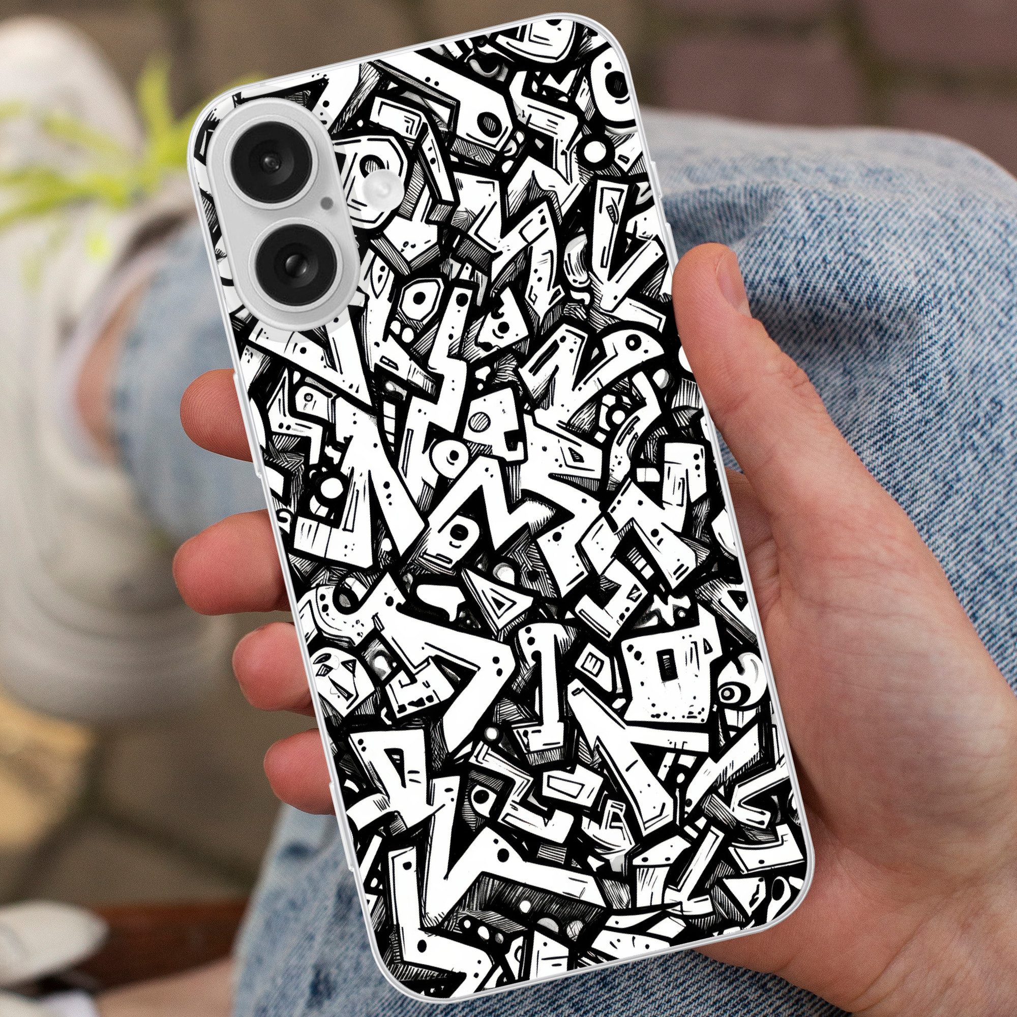 MuchoWow Handyhülle für Apple iPhone 16 Formen - Buchstaben - Graffiti - Schwarz, Smartphone-Bumper, Print, Handy Schutzhülle Dünn