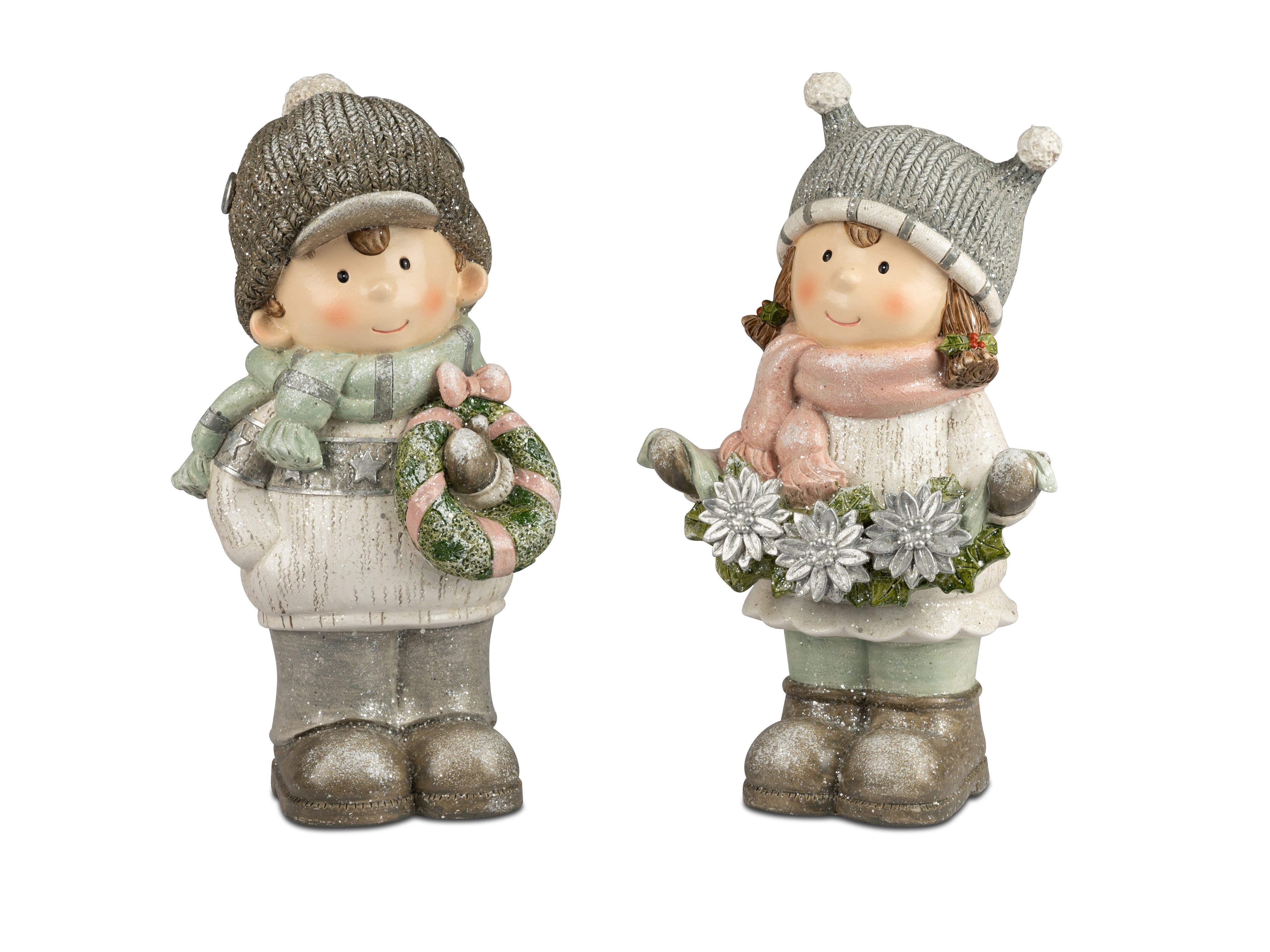 formano Dekofigur 2er Set Winterkinder Figuren – 30 cm, mit Kranz & Tannengirlande
