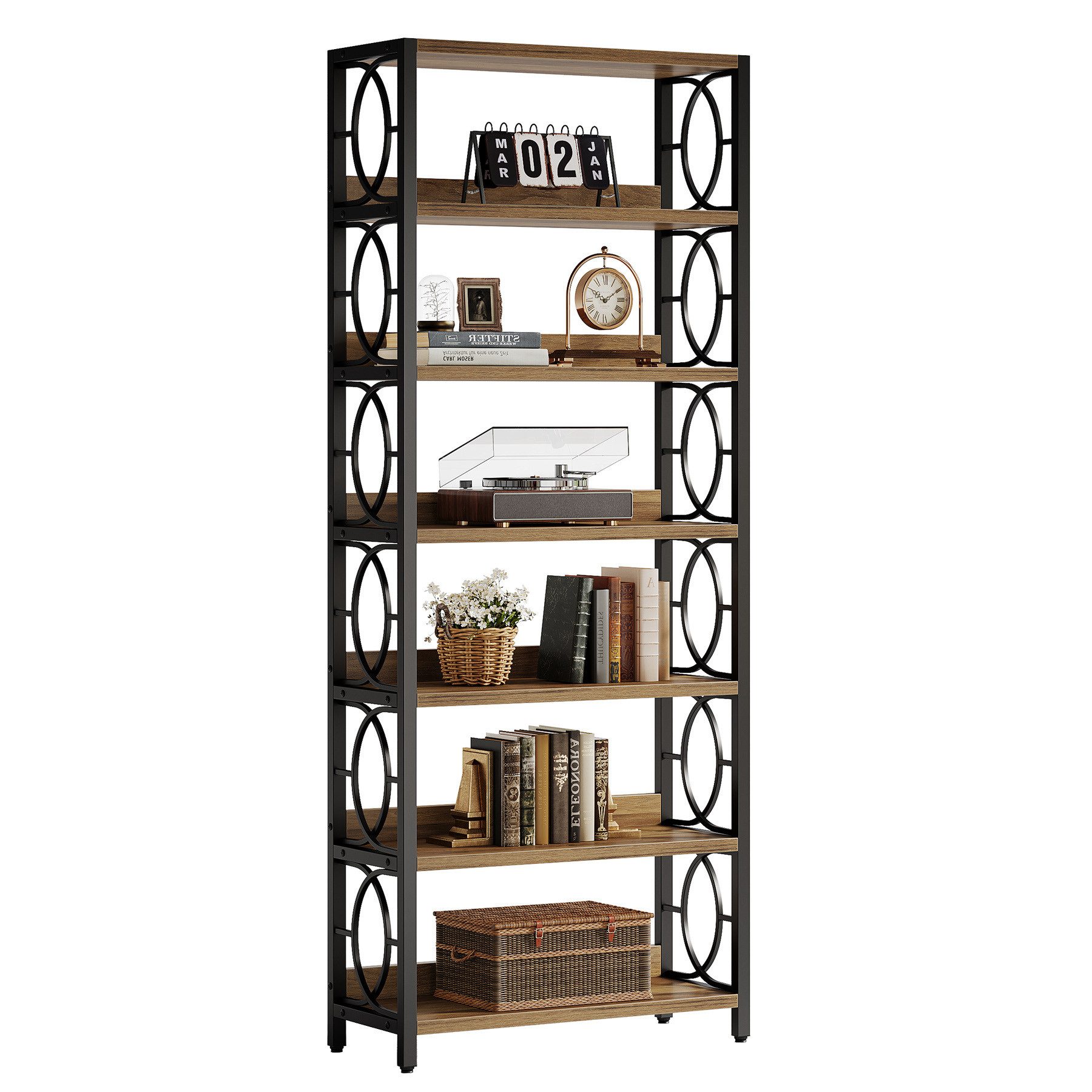 Tribesigns Bücherregal Vintage Standregal, 6-Tier freistehende Display Regal mit Metallrahmen