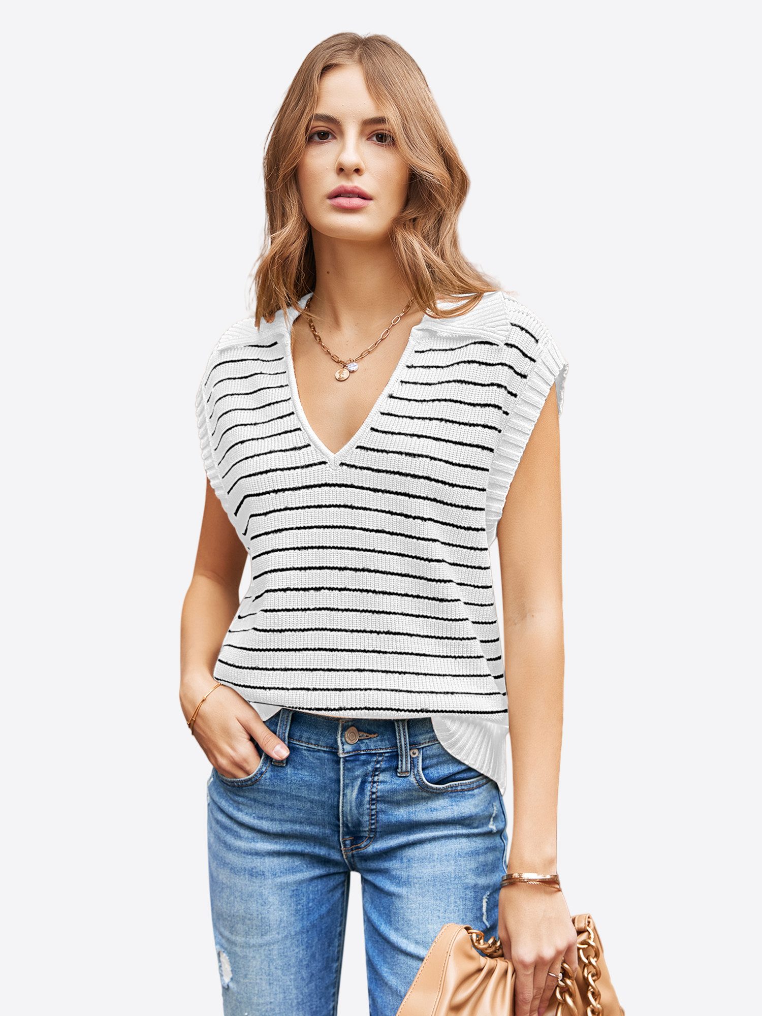 Imily Bela Stricktop Damen Sommer Gestreift Kragen V-Ausschnitt Kurzarm Top (Packung, 1-tlg., 1per-Pack) gehäkelt