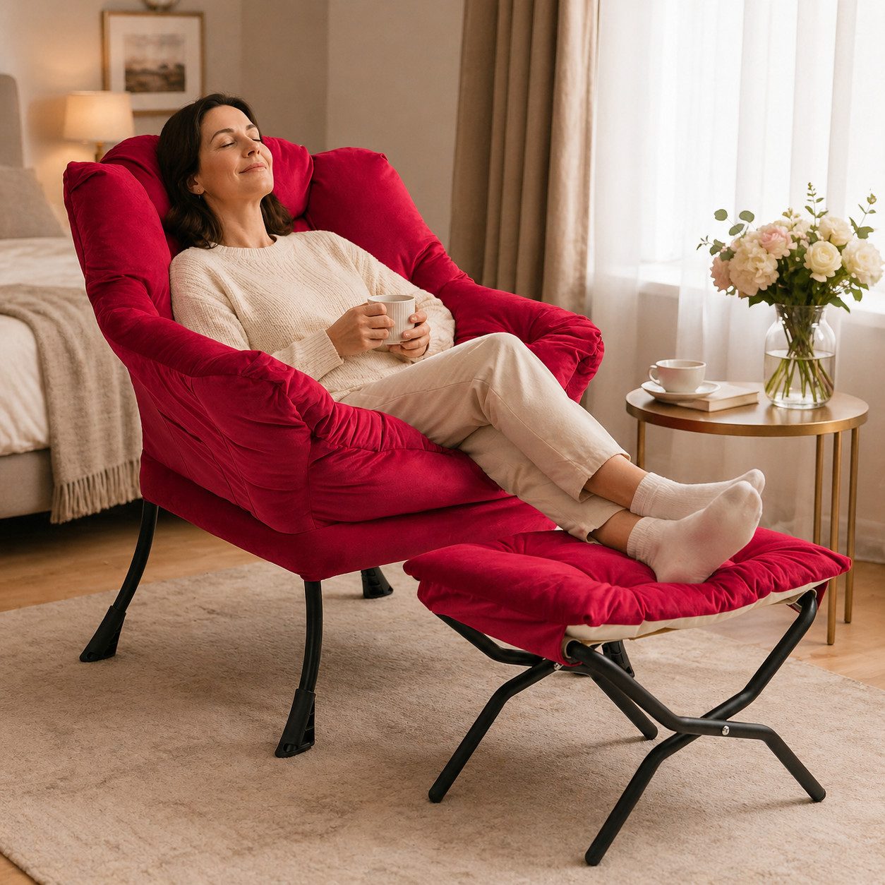 ANYSUN Loungesessel Relaxsessel aus Samt mit Nackenstütze, ergonomisch weich gepolstert (Sessel mit optionalem Fußhocker, Relaxsessel), Kompakter Relaxsessel 75 x 80 x 85 cm, wahlweise mit Fußhocker