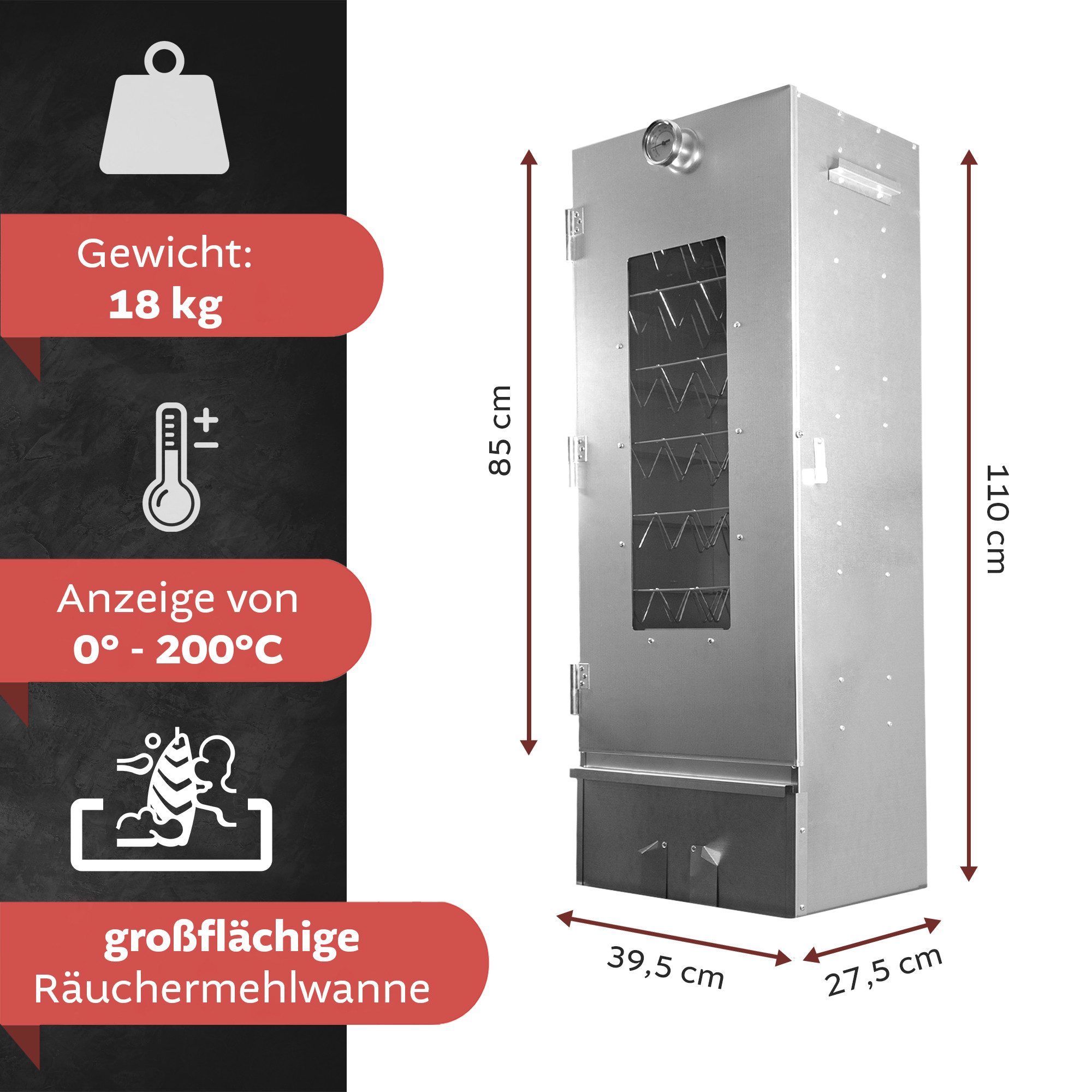 Lemodo Räucherofen XL mit Zubehör, Räucherschrank 110 cm hoch Stahl, mit umfangreichen Zubehör und 3 Etagen